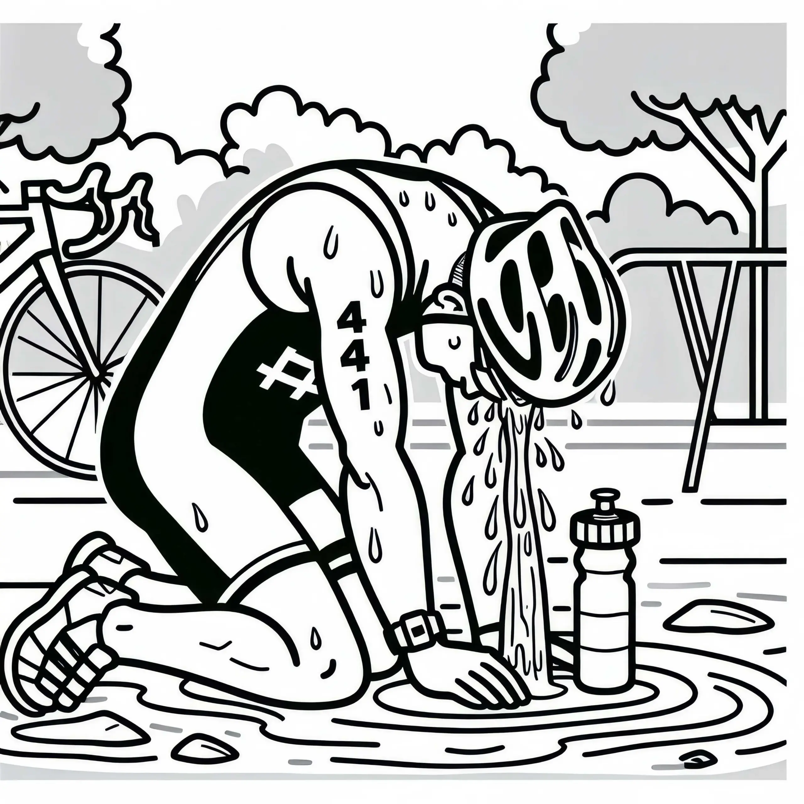 Erschöpfter Athlet kühlt sich beim Triathlon mit Wasser im Zielbereich – Malvorlage gratis (Ausmalbild)