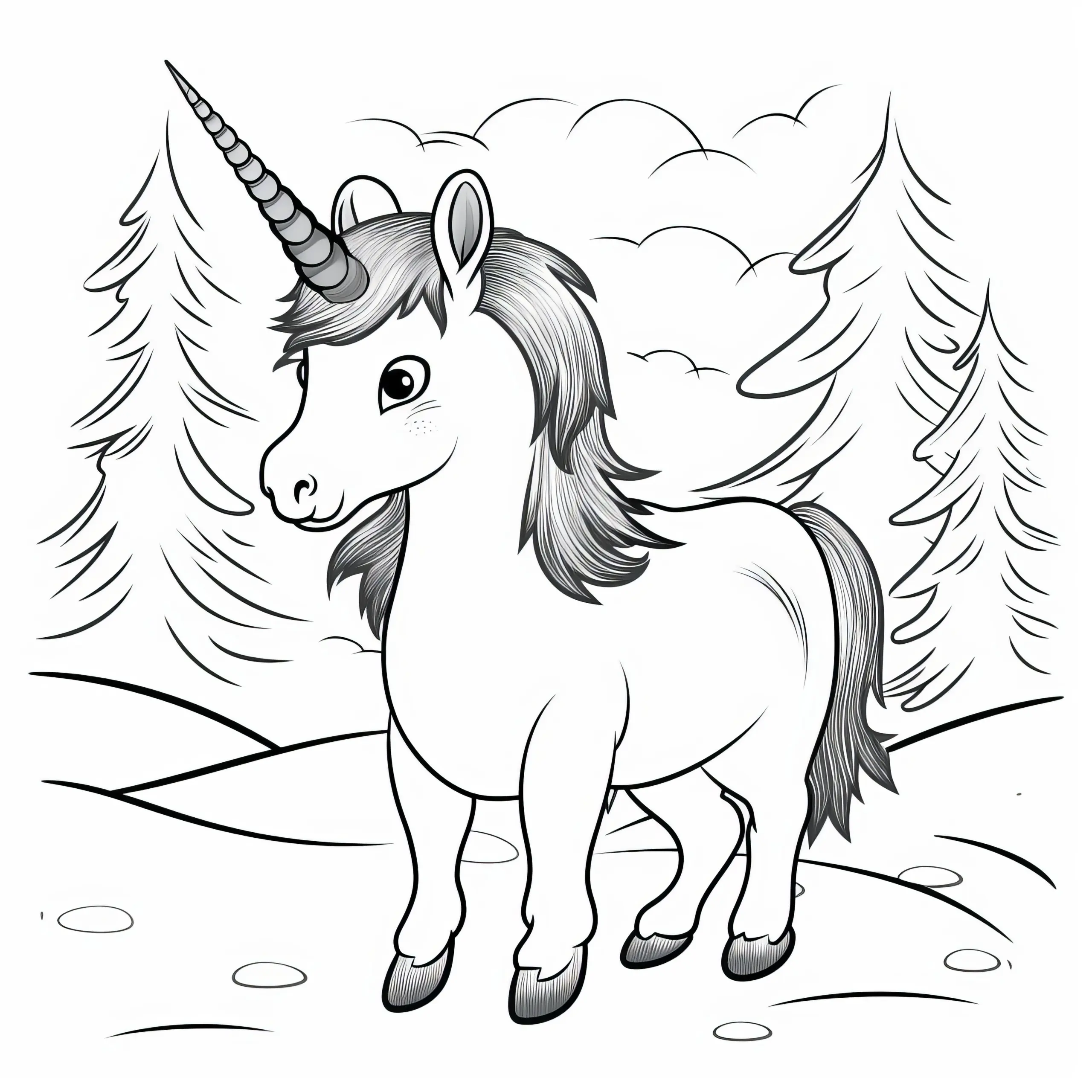 Erstauntes Einhorn-Pony in Winterlandschaft: Einfache Malvorlage (kostenlos) (Ausmalbild)