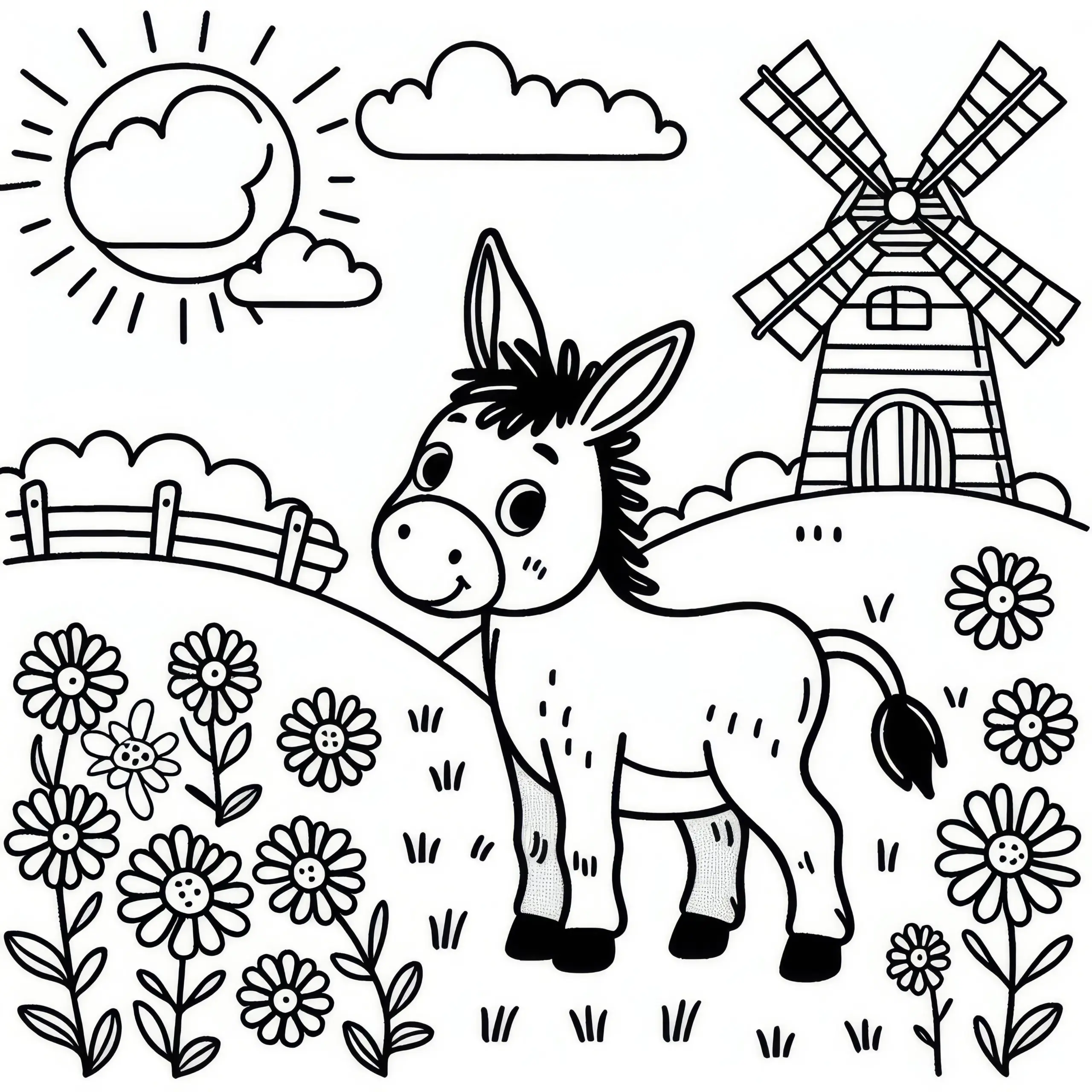 Esel auf Blumenwiese mit kleiner Mühle: Kostenlose Malvorlage (Ausmalbild)