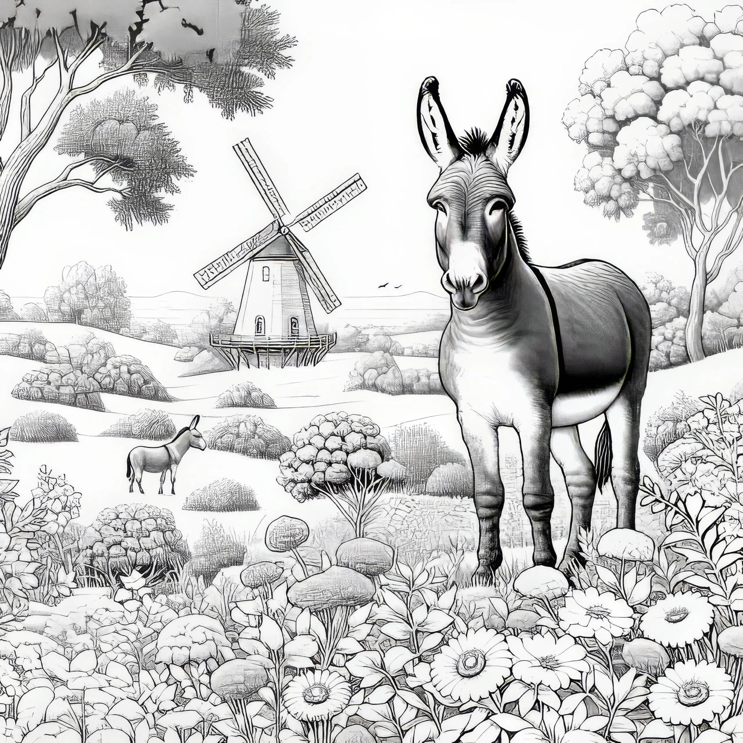 Esel auf Blumenwiese mit Mühle im Hintergrund: Ausmalbild zum Herunterladen (Gratis)