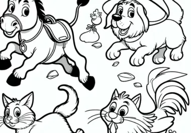 Esel, Hund, Katze und Hahn – Ausmalbild der Bremer Stadtmusikanten kostenlos