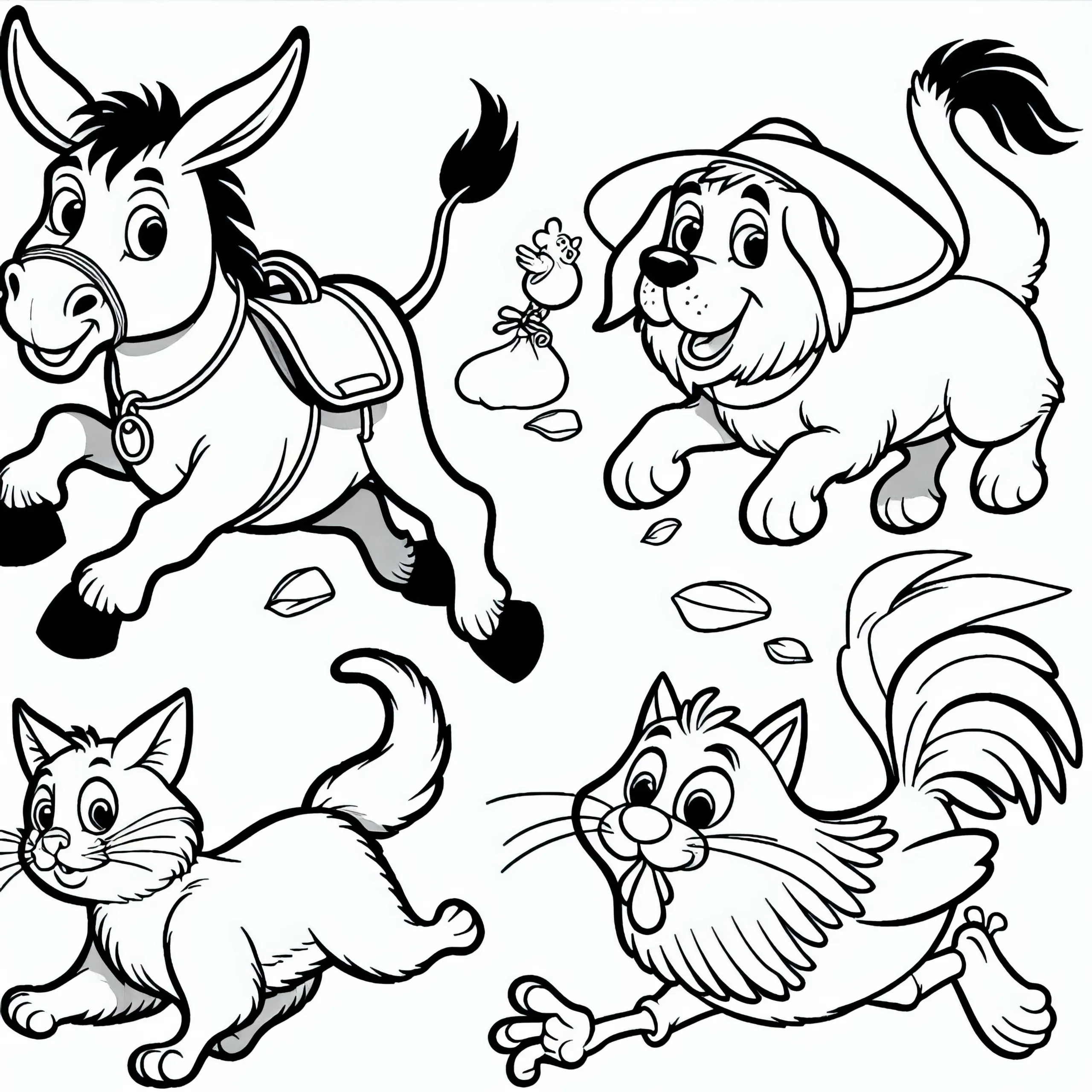 Esel, Hund, Katze und Hahn – Ausmalbild der Bremer Stadtmusikanten kostenlos