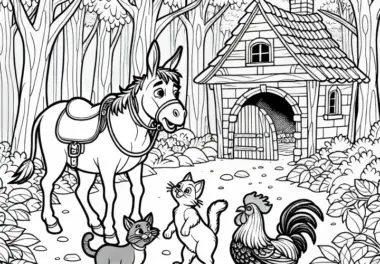 Esel, Hund, Katze und Hahn im Räuberhaus im Wald – Ausmalbild zu den Bremer Stadtmusikanten