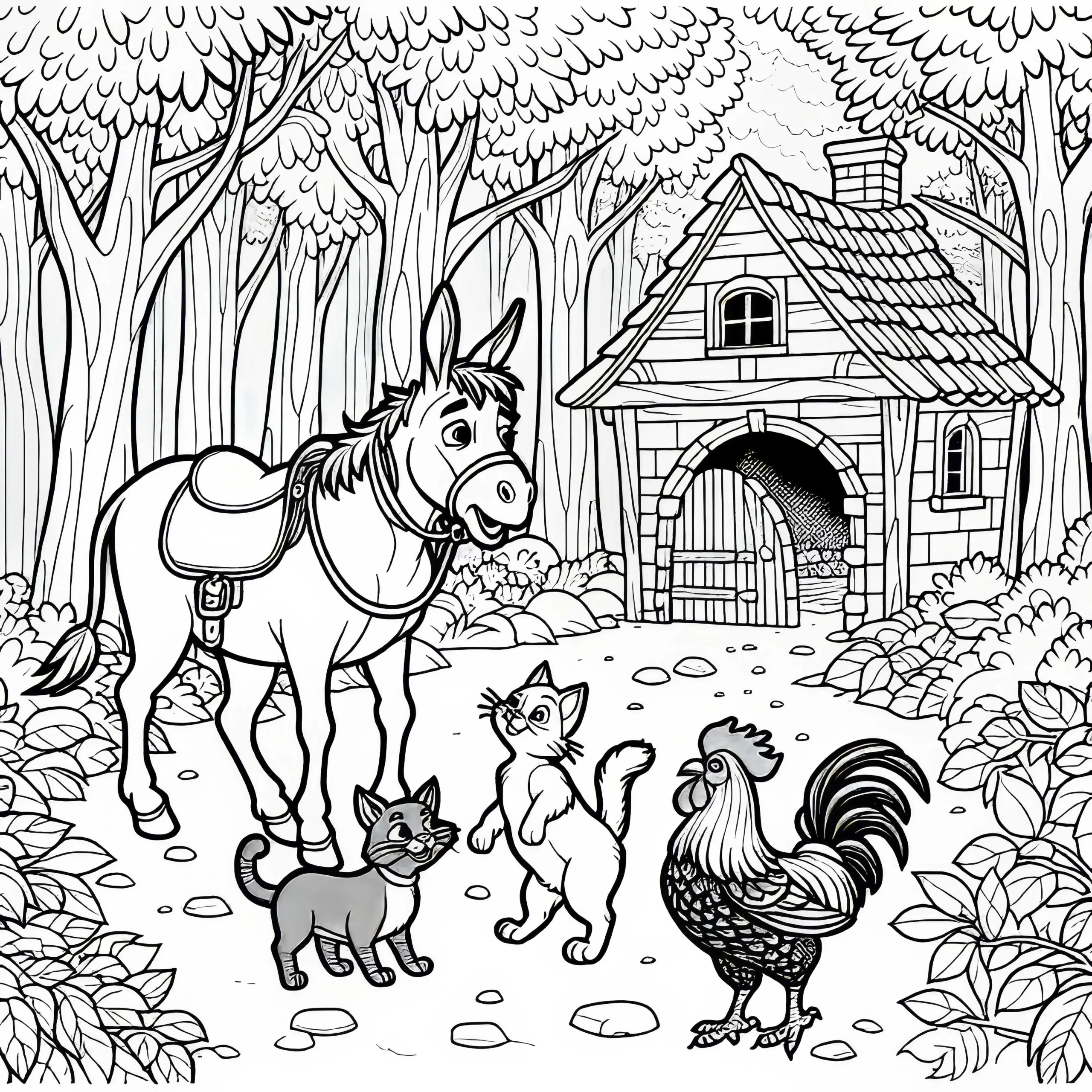 Esel, Hund, Katze und Hahn im Räuberhaus im Wald – Ausmalbild zu den Bremer Stadtmusikanten