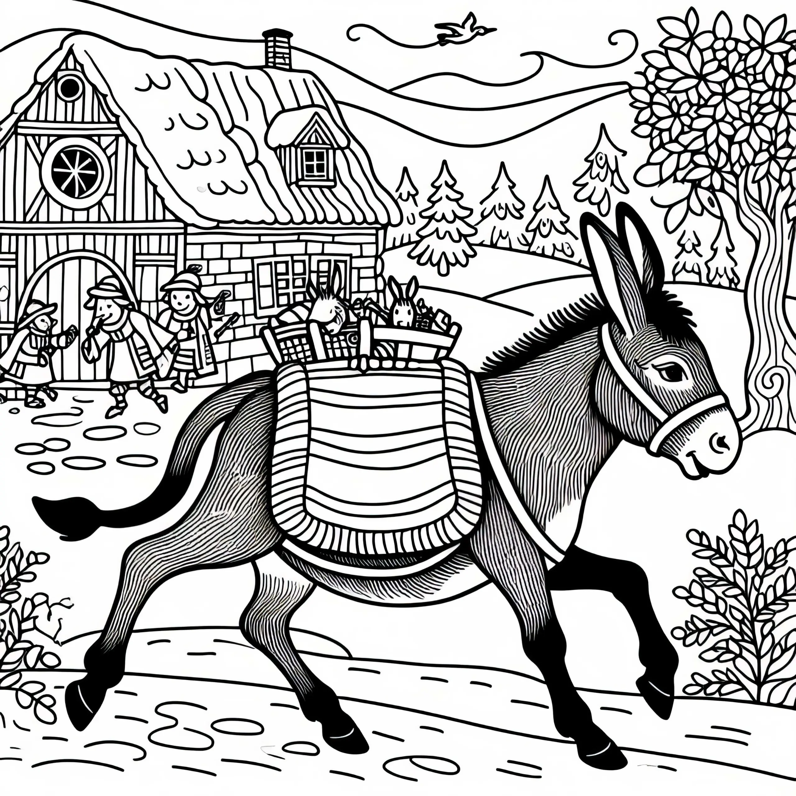 Esel läuft aus dem Dorf, um Musiker zu werden – Malvorlage Bremer Stadtmusikanten (Ausmalbild)
