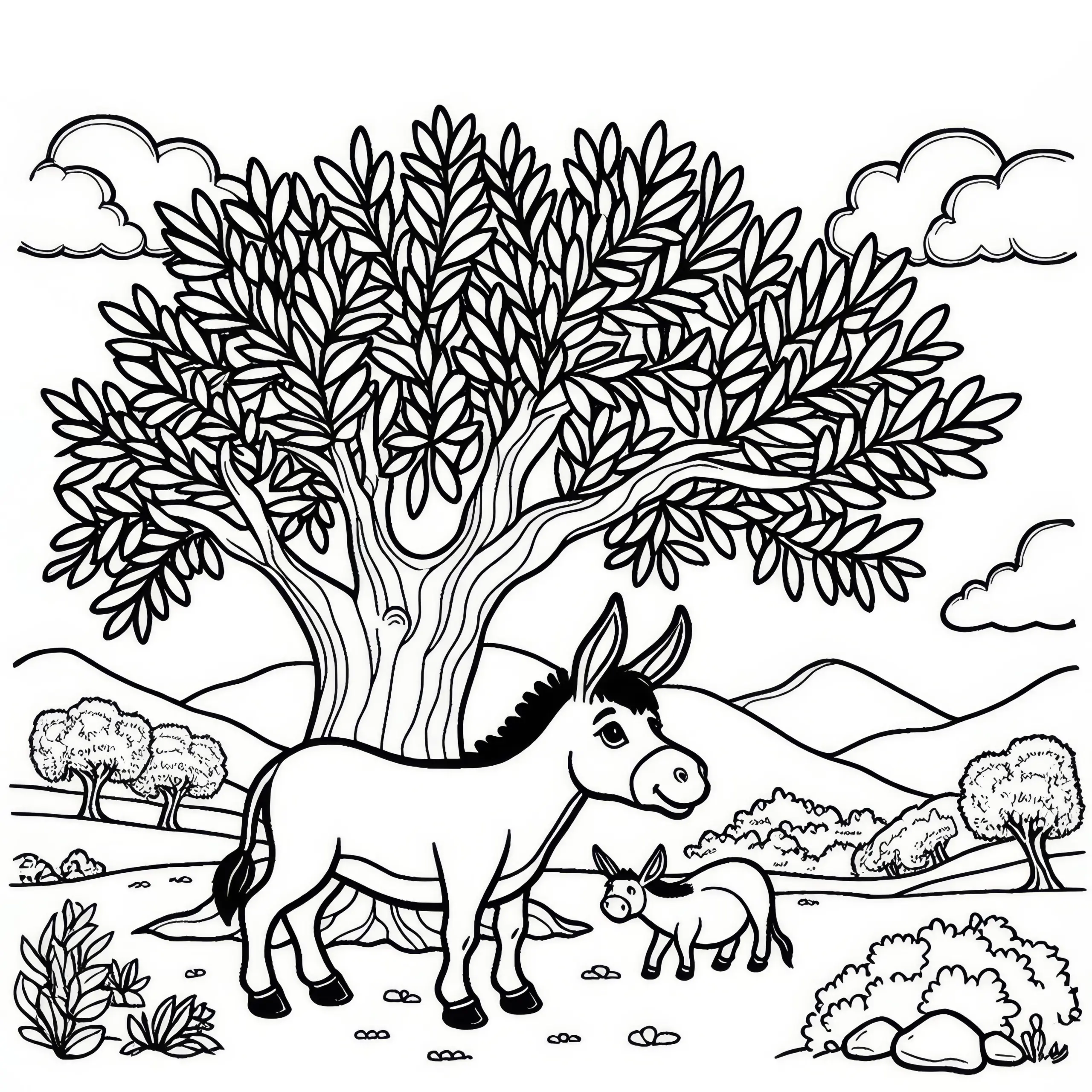 Esel steht unter einem Olivenbaum: Einfache Malvorlage (Gratis) (Ausmalbild)
