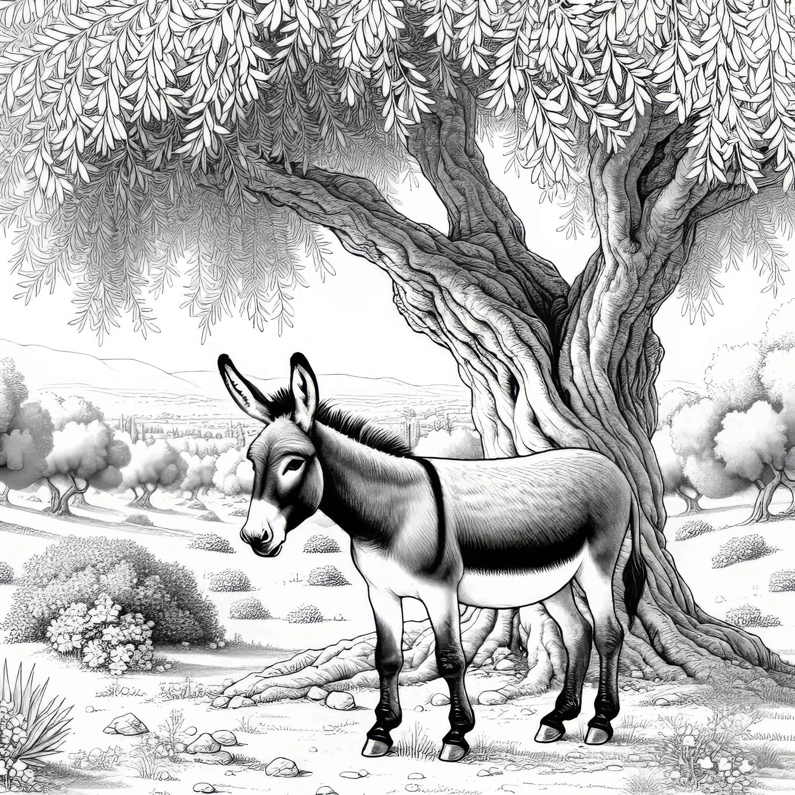 Esel unter Olivenbaum in mediterraner Landschaft: Realistisch Malvorlage (Gratis) (Ausmalbild)