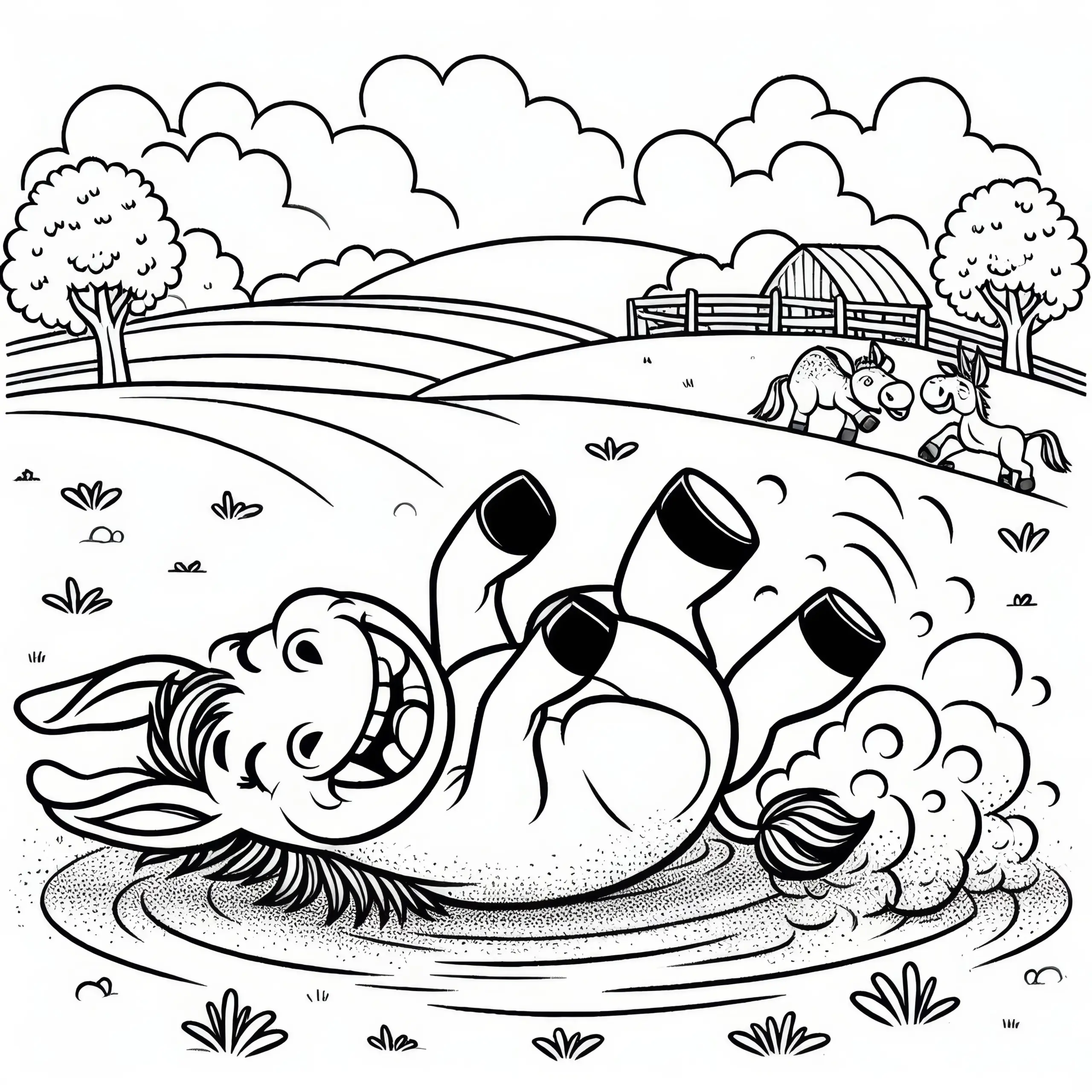 Esel wälzt sich fröhlich auf der Wiese im Sand: Einfache Malvorlage (Kostenlos) (Ausmalbild)