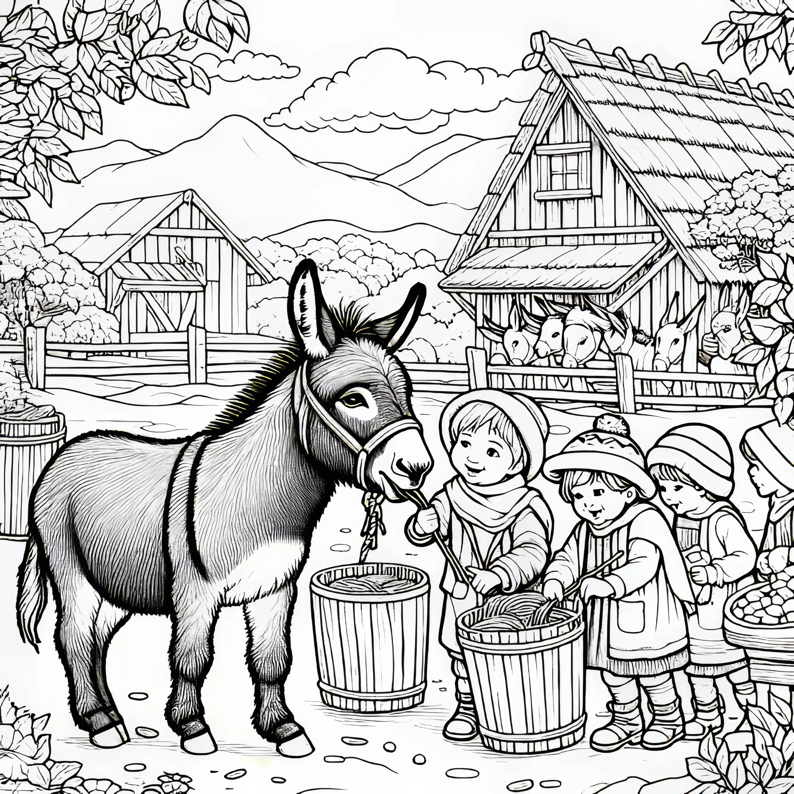 Esel wird von Kindern auf Bauernhof gefüttert: Ausmalbild zum Ausdrucken (Kostenlos)