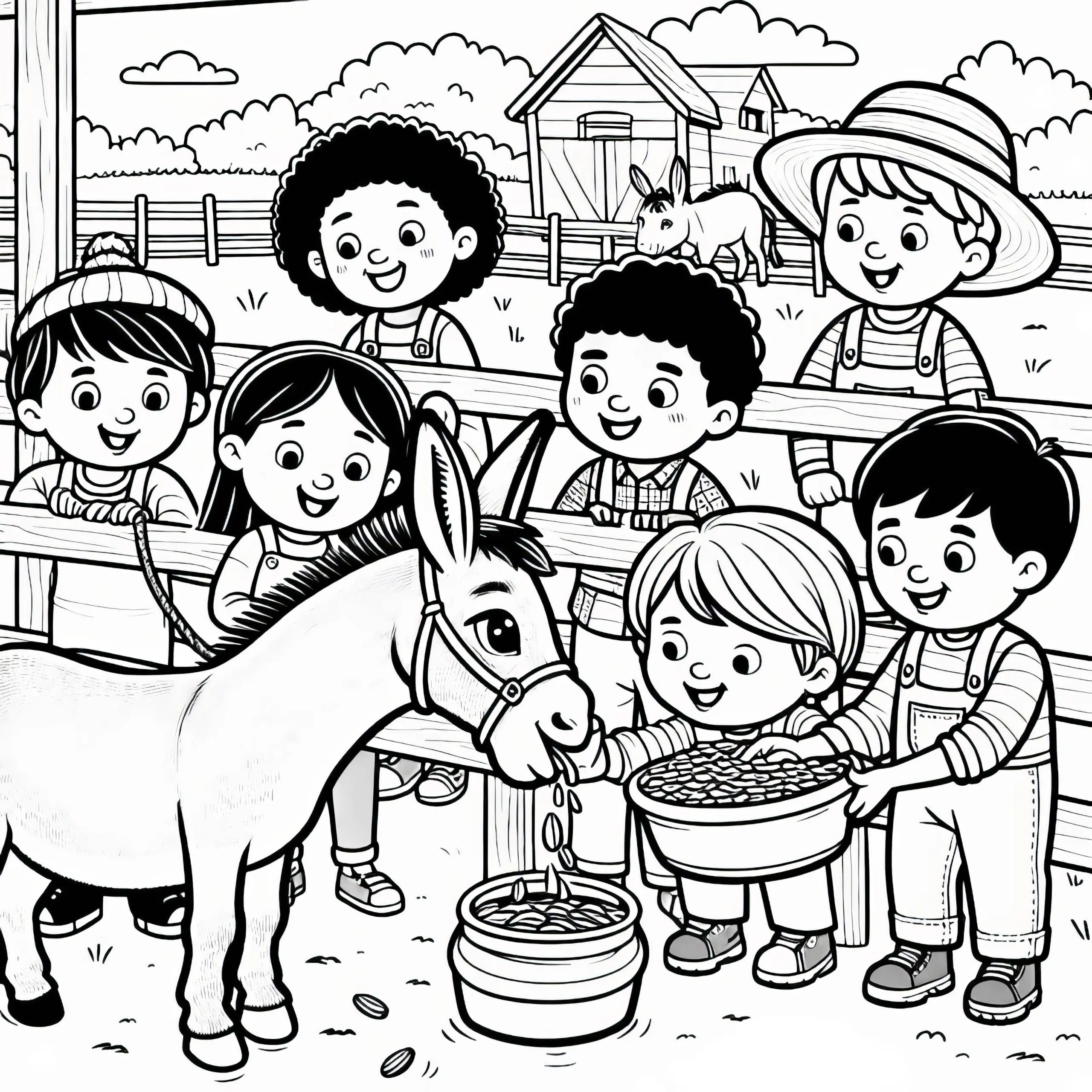 Esel wird von Kindern auf dem Bauernhof gefüttert: Malvorlage zum Download (Gratis) (Ausmalbild)