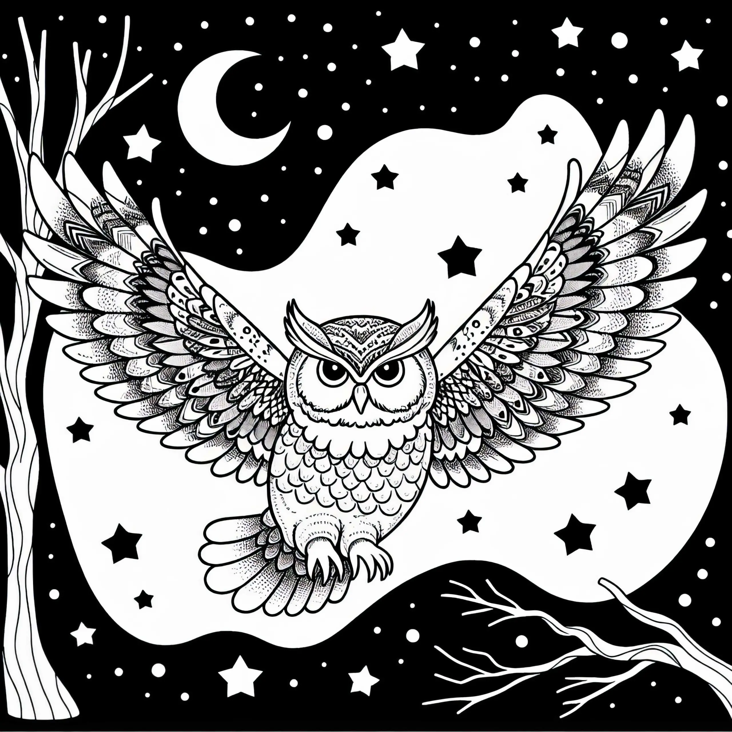 Eule fliegt lautlos durch die Nacht mit ausgebreiteten Flügeln – Ausmalbild gratis