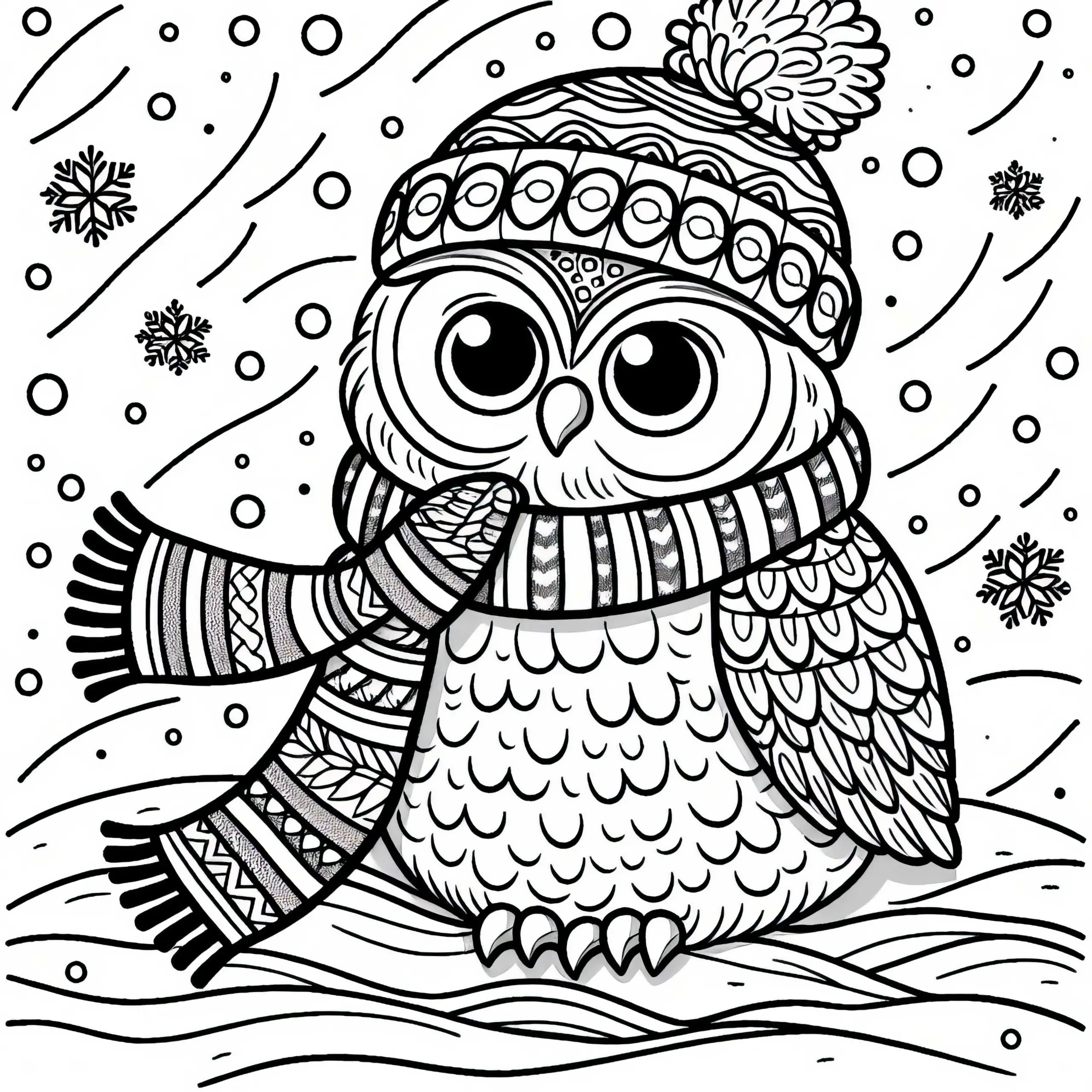 Eule im Schneefall mit Schal und Mütze – Malvorlage gratis (Ausmalbild)
