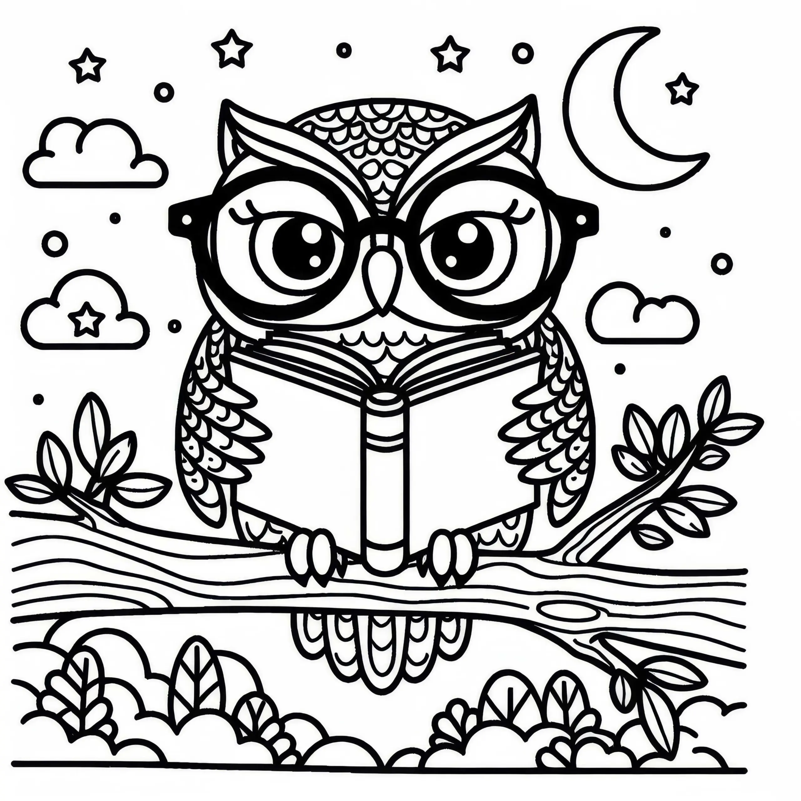 Eule mit Brille liest Buch auf Ast – Malvorlage gratis (Ausmalbild)