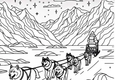 Expedition mit Schlittenhunden über den Eis eines Gletschers – Ausmalbild kostenlos