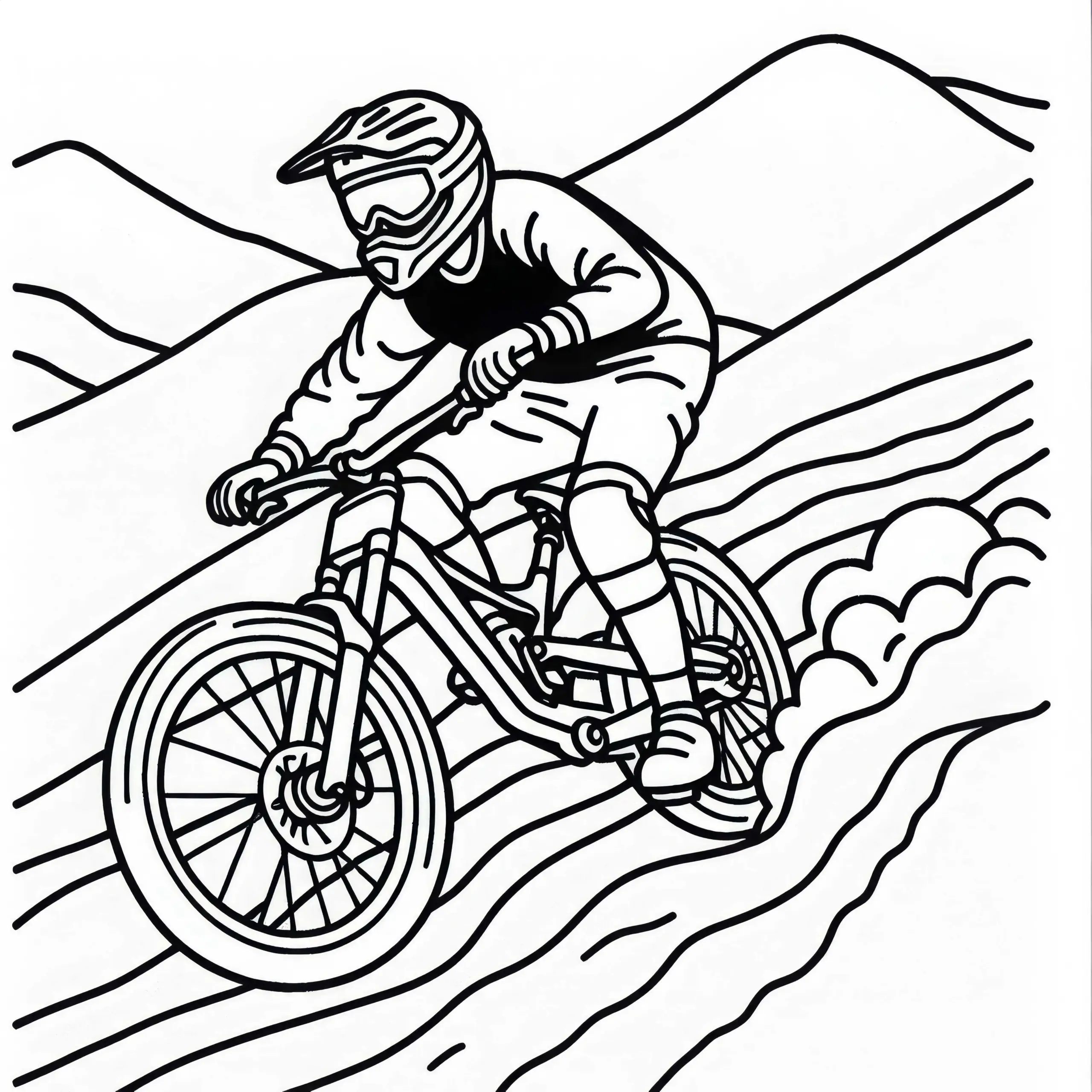 Fahrer fährt beim Downhill-Mountainbiking – Malvorlage einfach kostenlos (Ausmalbild)