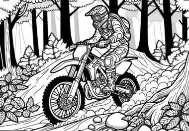 Fahrer fährt beim Motorradsport durch engen Waldweg – Ausmalbild gratis
