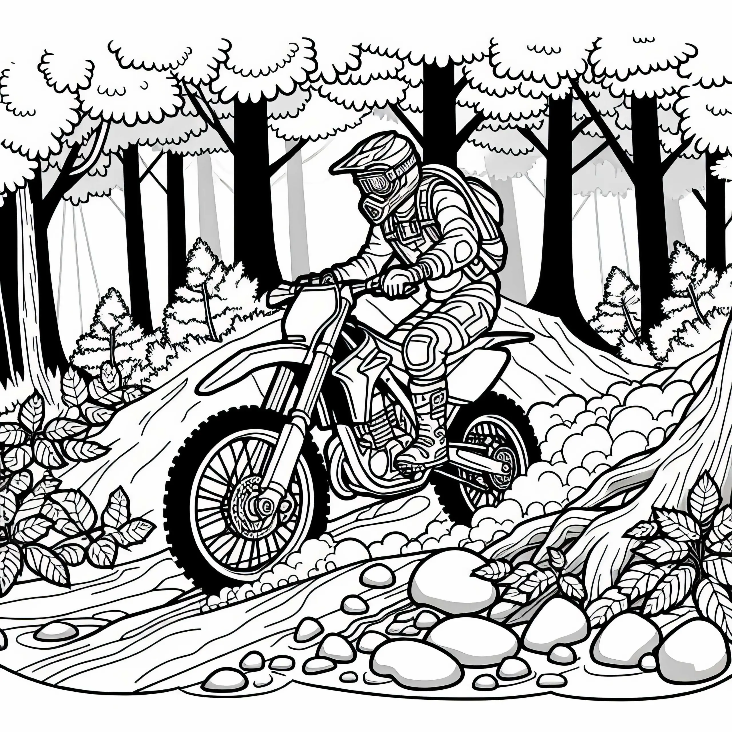 Fahrer fährt beim Motorradsport durch engen Waldweg – Ausmalbild gratis