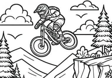 Fahrer springt beim Downhill-Mountainbiking über Felsvorsprung – Malvorlage kostenlos