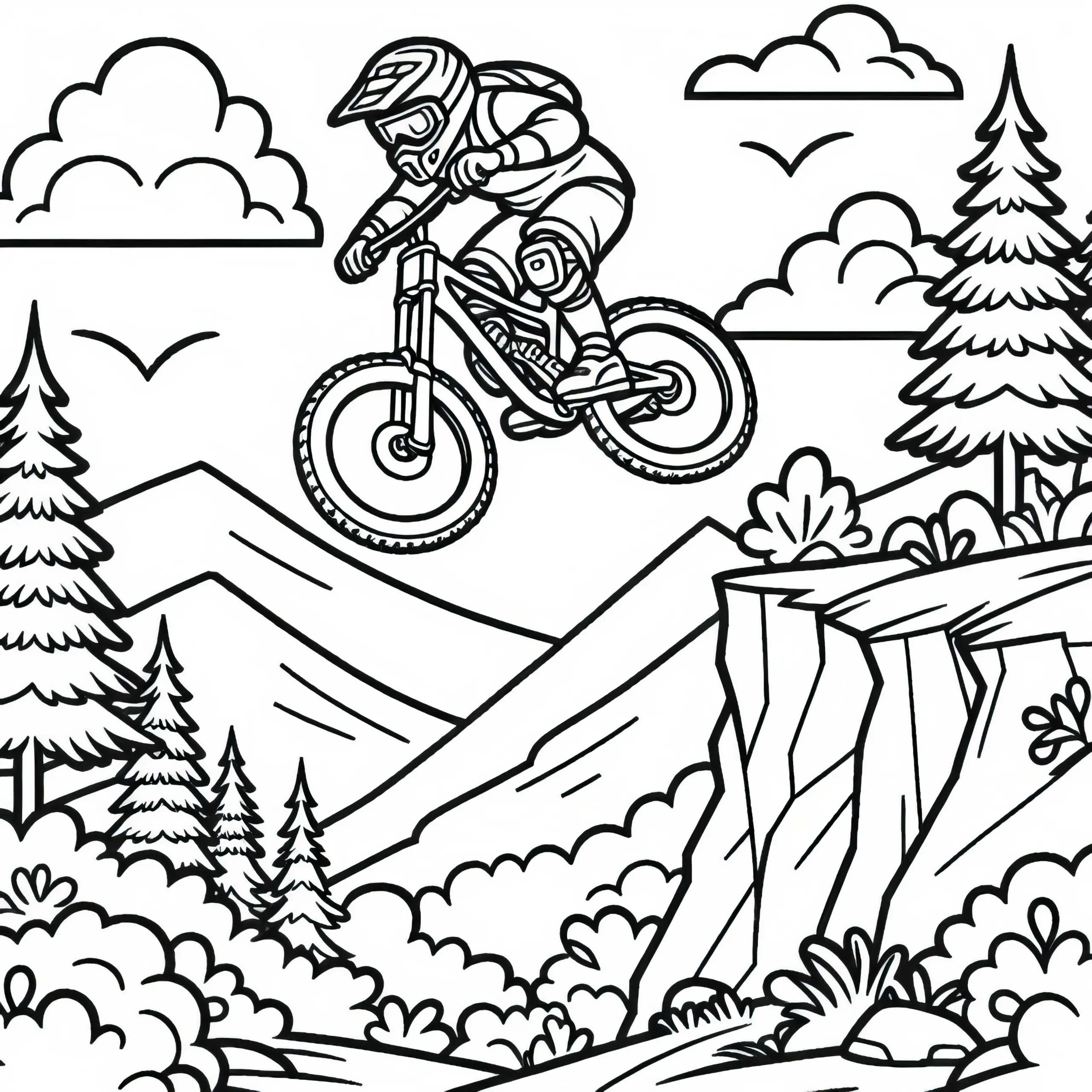 Fahrer springt beim Downhill-Mountainbiking über Felsvorsprung – Malvorlage kostenlos (Ausmalbild)