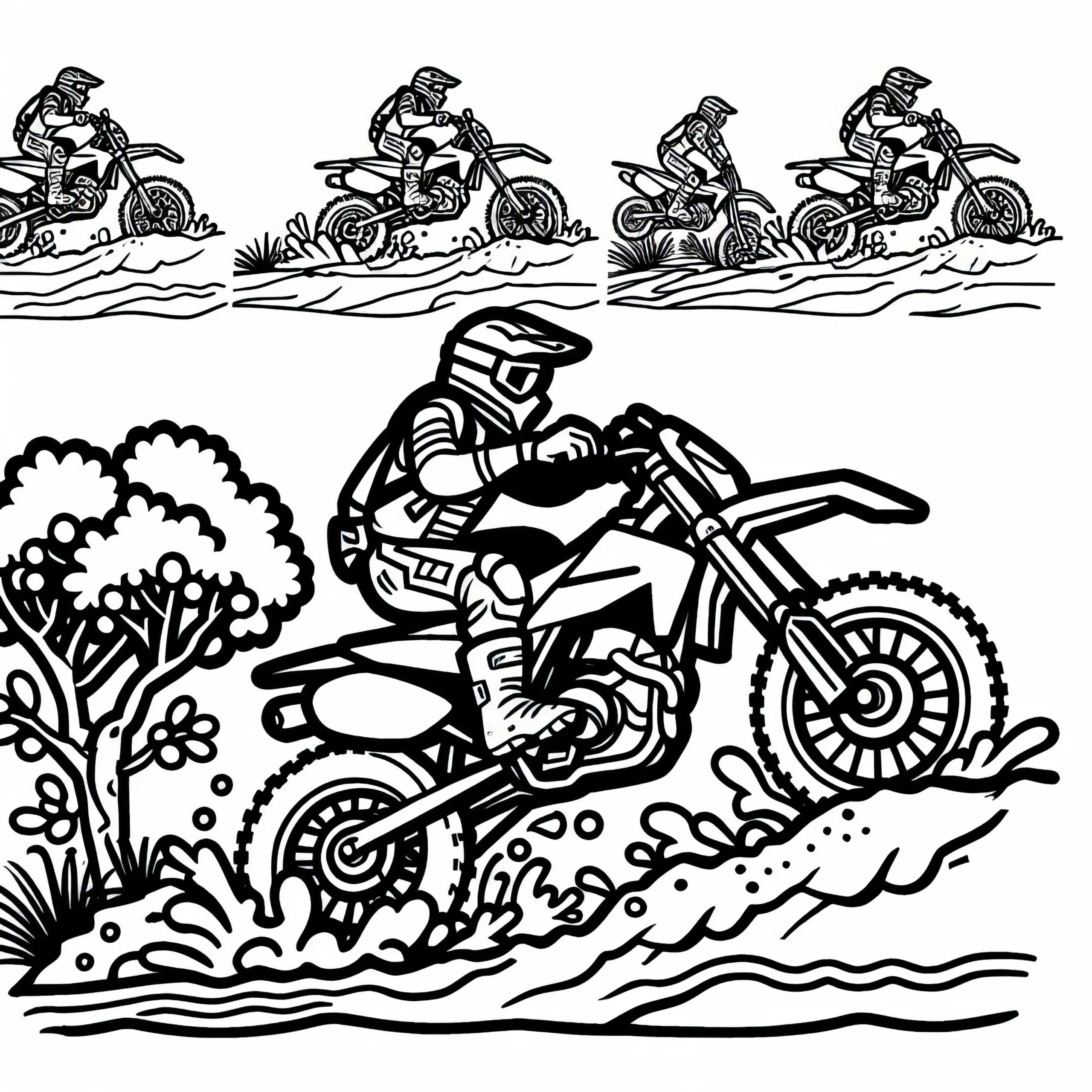 Fahrer überquert beim Motorradsport einen schlammigen Hügel – Malvorlage gratis (Ausmalbild)