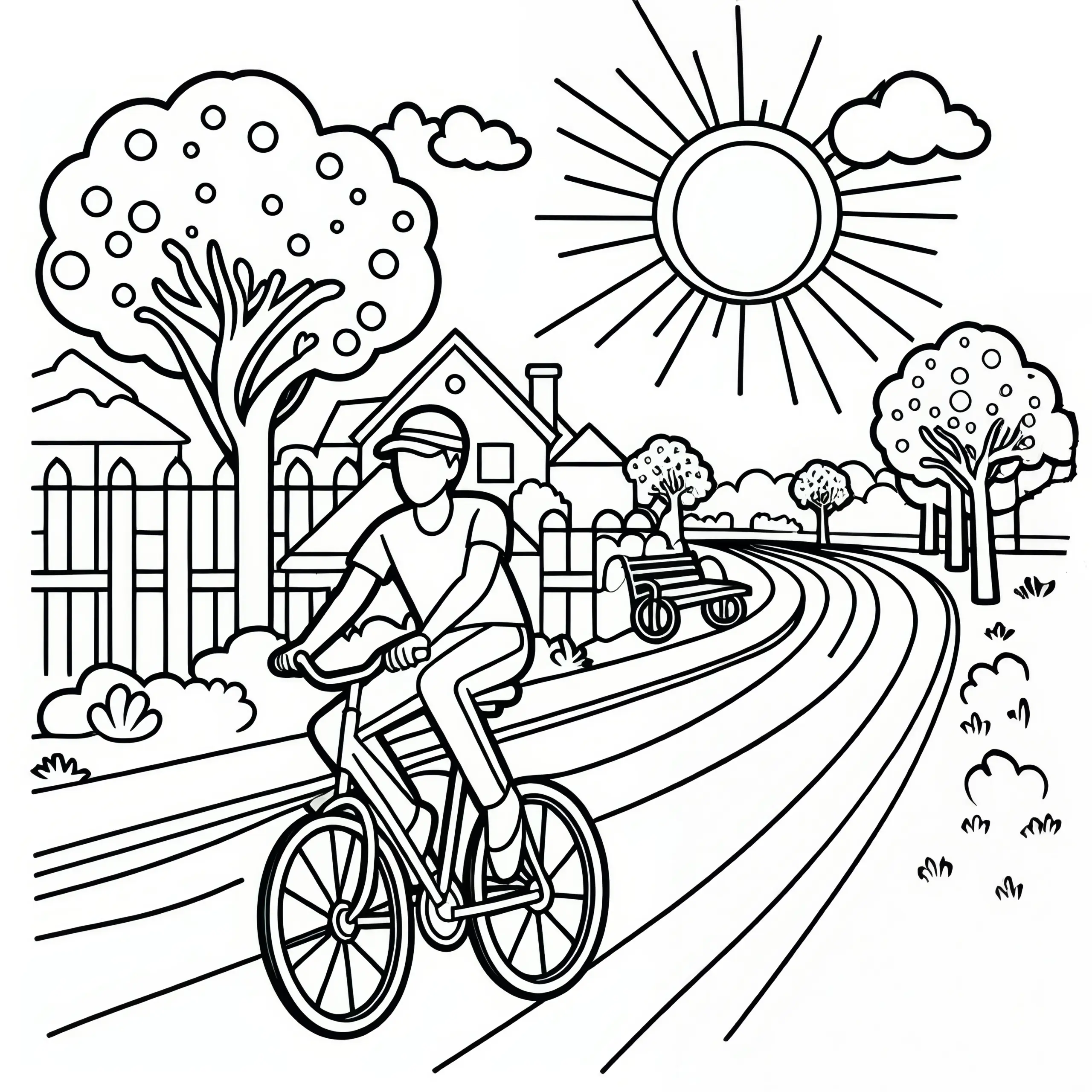 Fahrradfahrer fährt durch sonnige Allee im Mai: Ausmalbild zum Herunterladen (Kostenlos)