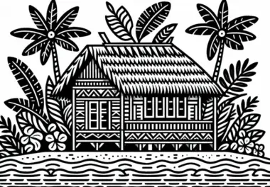 Fale Samoa Haus mit Palmendach – Malvorlage kostenlos