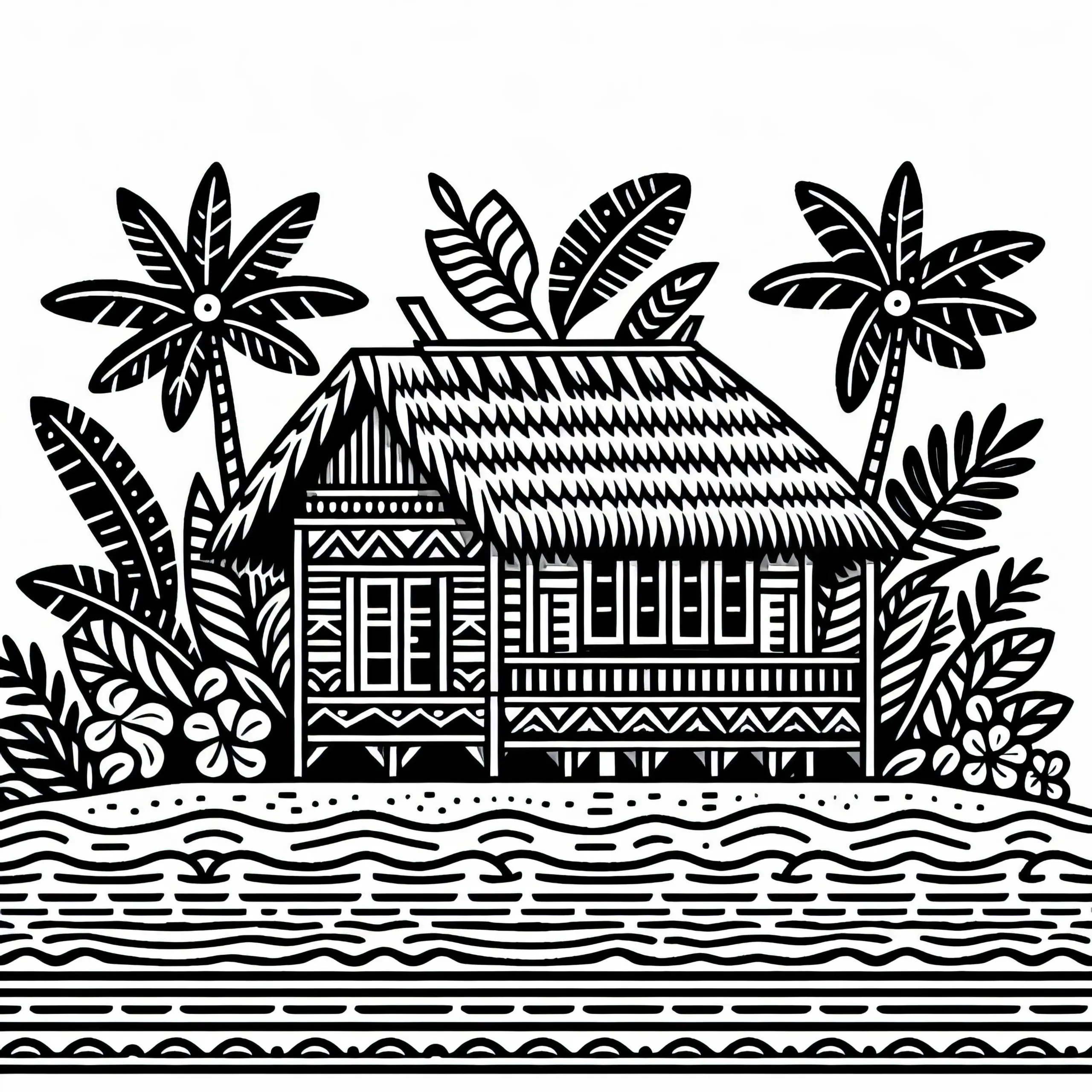 Fale Samoa Haus mit Palmendach – Malvorlage kostenlos (Ausmalbild)
