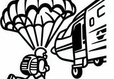 Fallschirmspringer neben Flugzeug – Malvorlage einfach kostenlos herunterladen