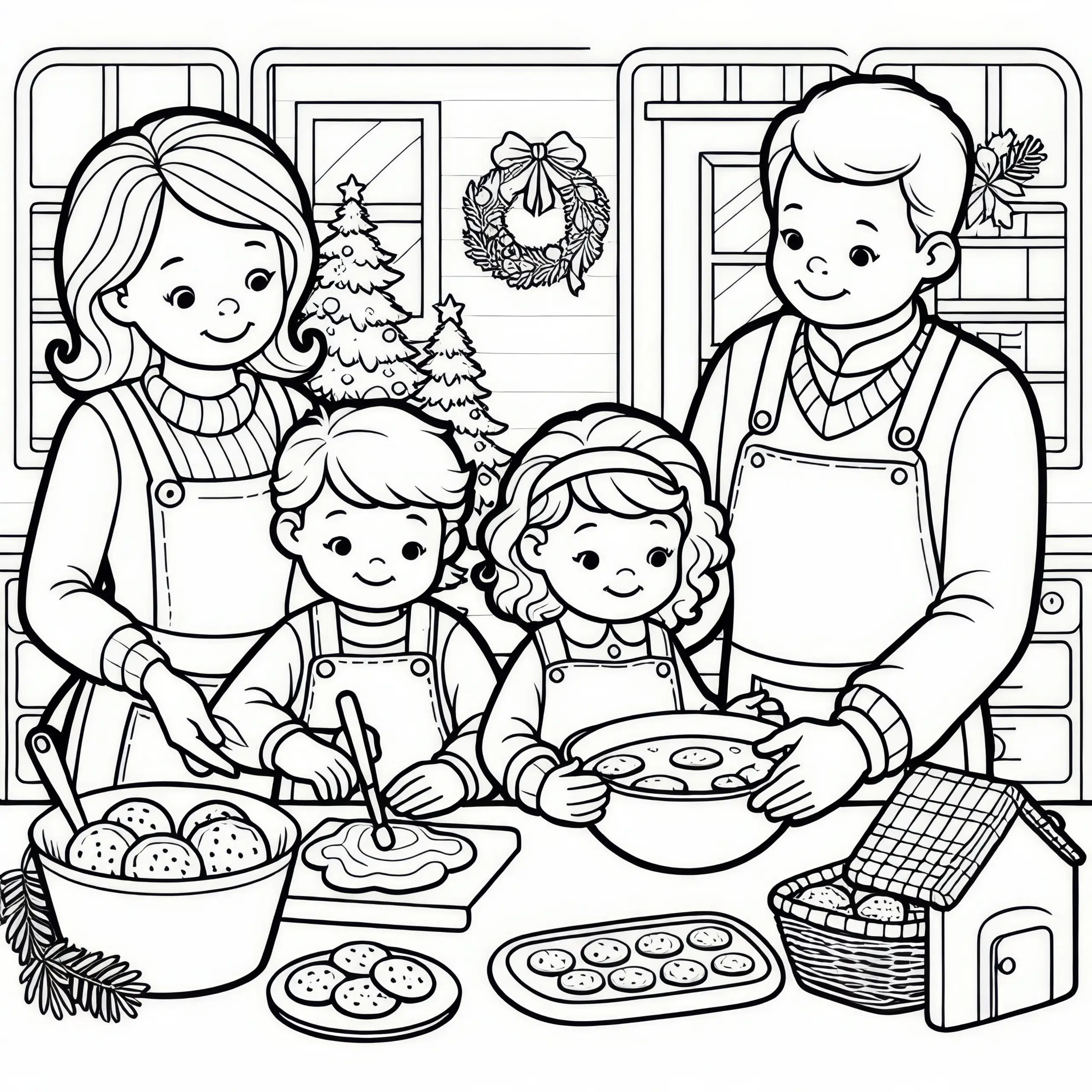 Familie backt Plätzchen im November zur Vorbereitung auf den Winter: Gratis Malvorlage (Ausmalbild)
