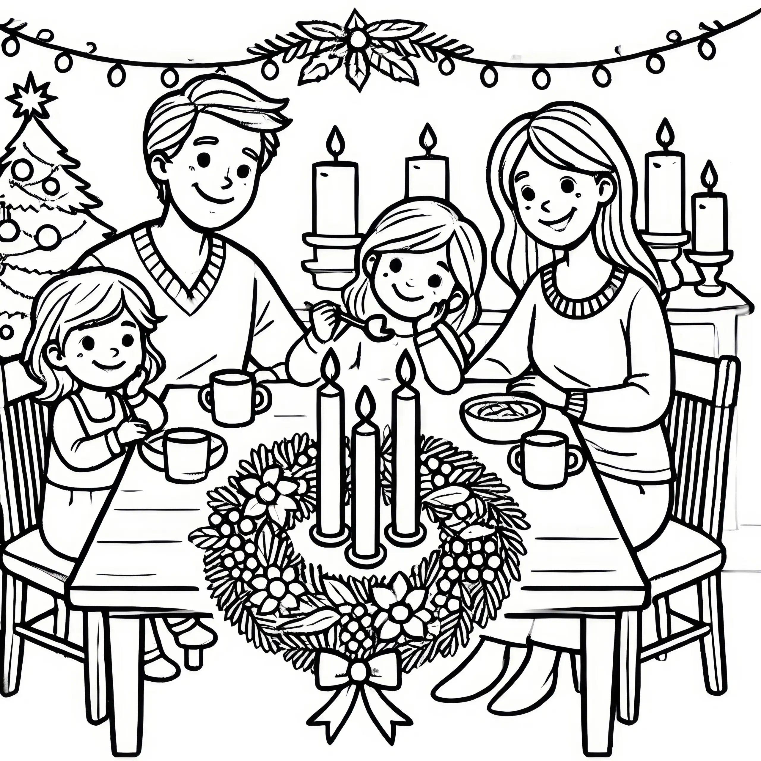 Familie beim Adventsessen – kostenlose Malvorlage (Ausmalbild)
