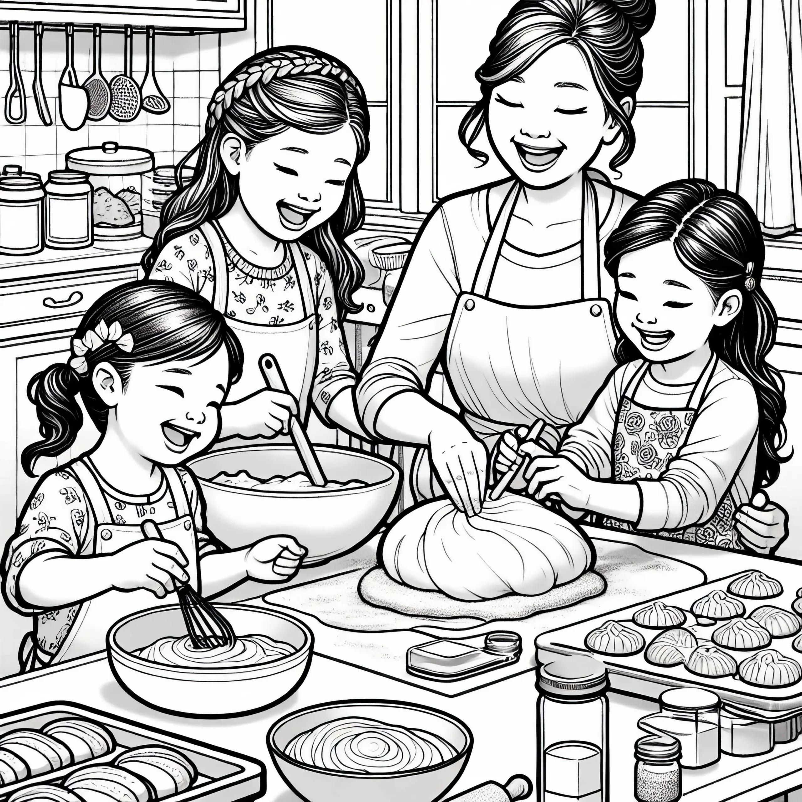 Familie beim Backen – Ausmalbild für dein kulinarisches Hobby kostenlos