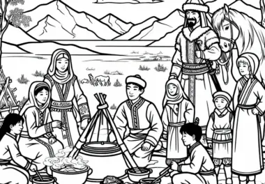 Familie beim gemeinsamen Kochen unter freiem Himmel – Malvorlage Mongolen kostenlos