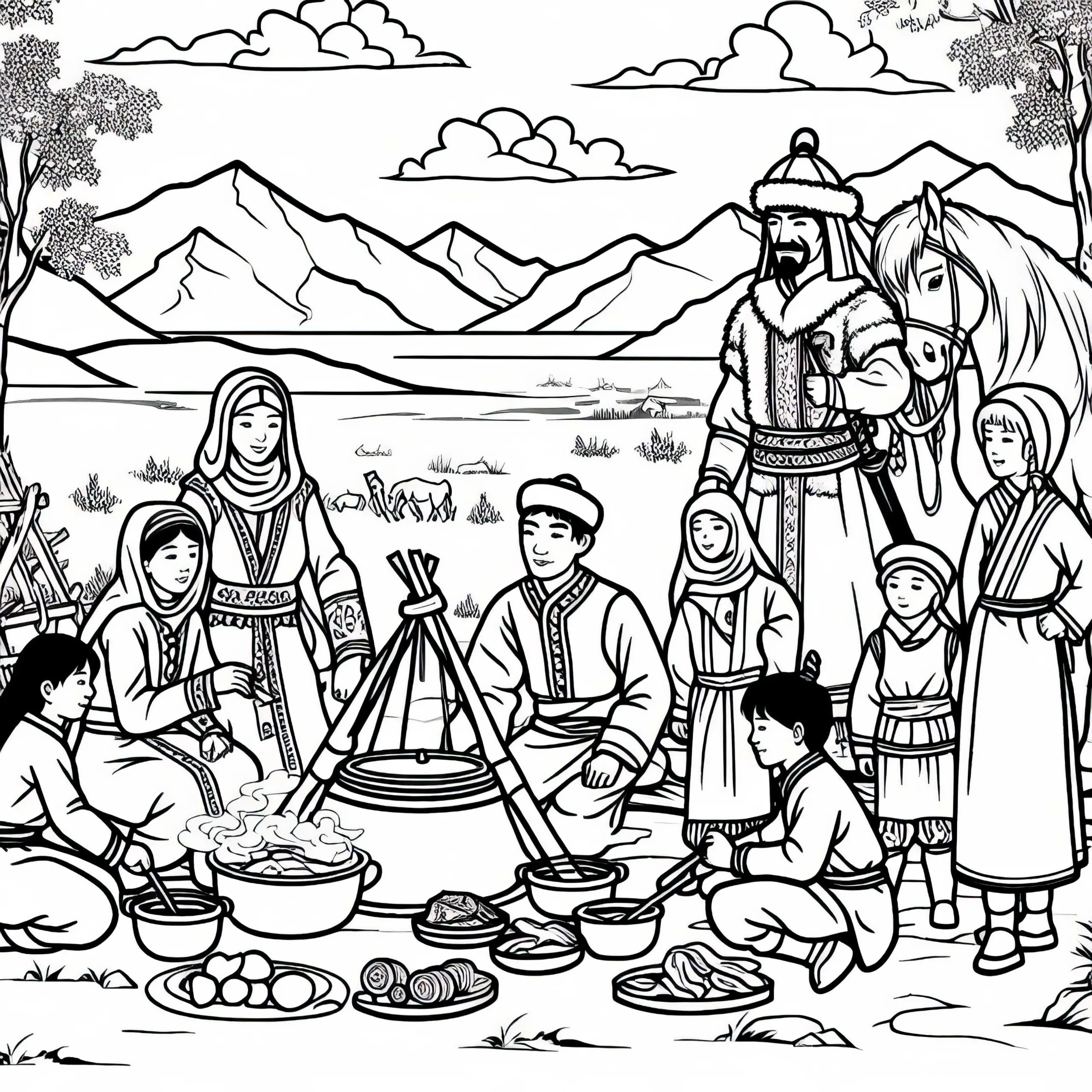 Familie beim gemeinsamen Kochen unter freiem Himmel – Malvorlage Mongolen kostenlos (Ausmalbild)