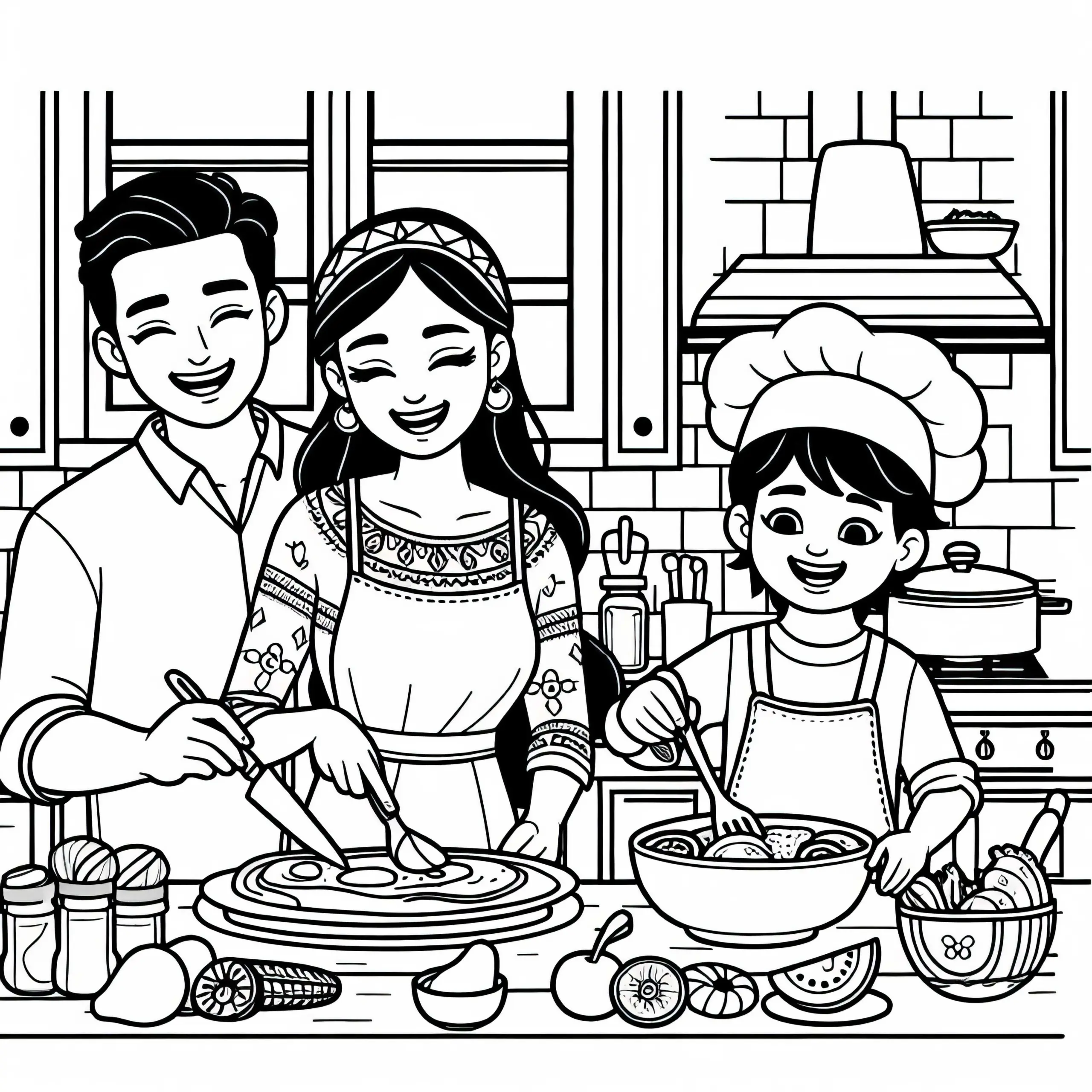 Familie Beim Kochen – Ausmalbild für Hobby-Fans Kostenlos