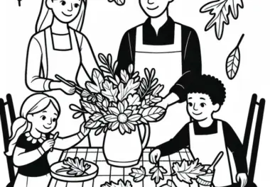 Familie bereitet Blumenstrauß für Esstisch vor – Malvorlage Herbst Kostenlos