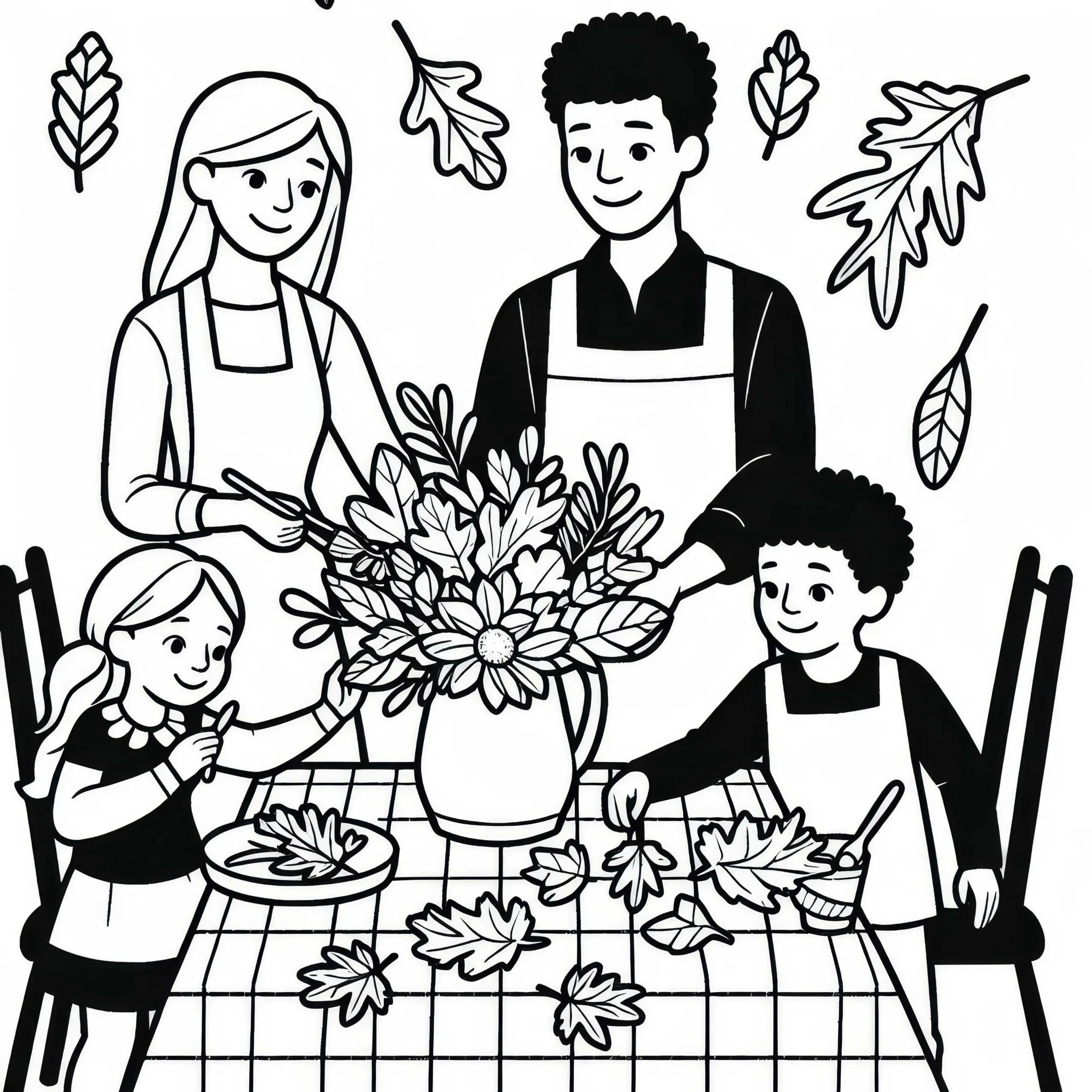 Familie bereitet Blumenstrauß für Esstisch vor – Malvorlage Herbst Kostenlos (Ausmalbild)