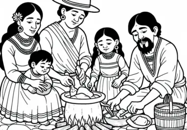 Familie bereitet gemeinsam Essen zu – Malvorlage Inka kostenlos