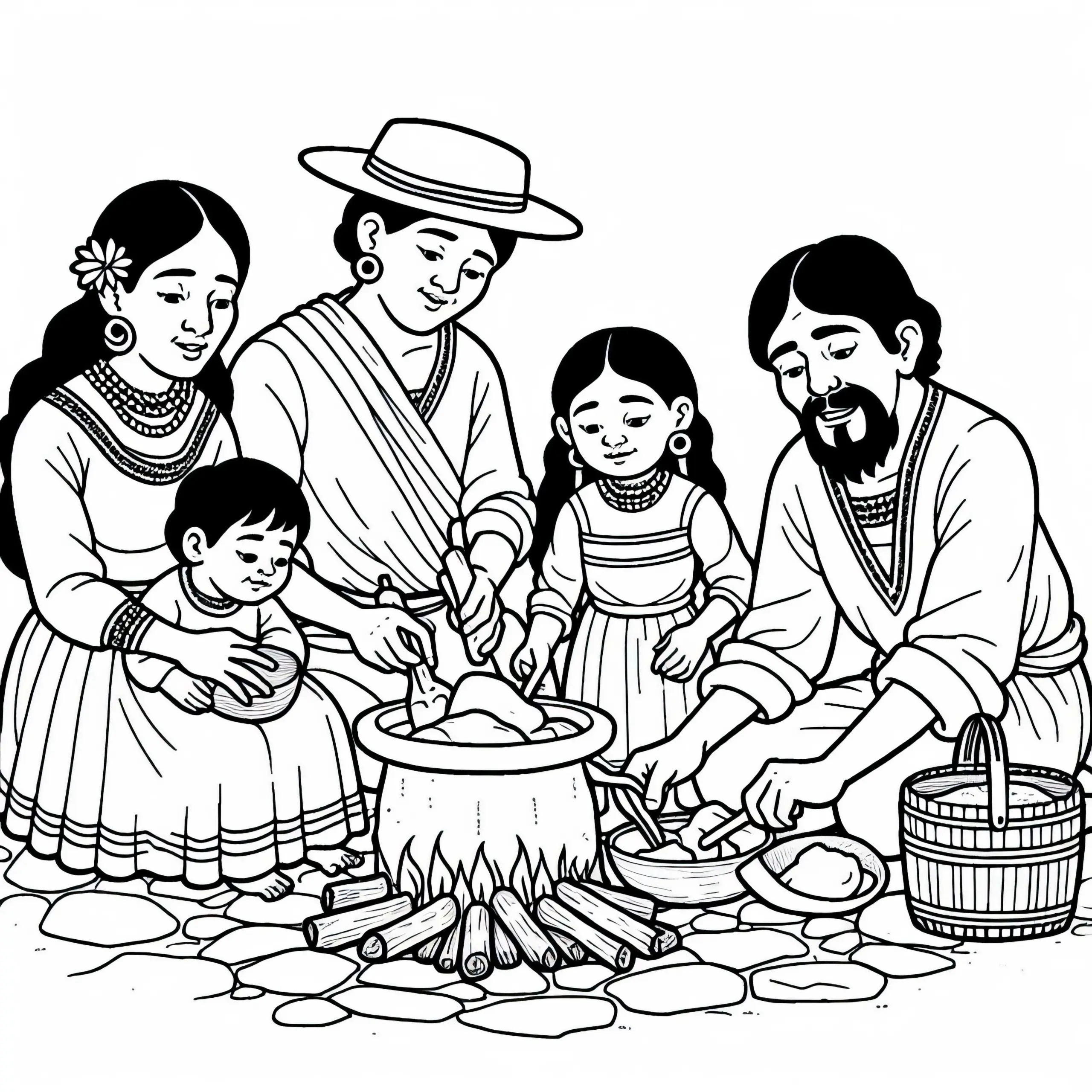 Familie bereitet gemeinsam Essen zu – Malvorlage Inka kostenlos (Ausmalbild)