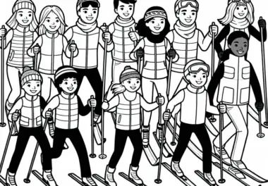 Familie fährt gemeinsam auf Langlaufstrecke – Ausmalbild gratis