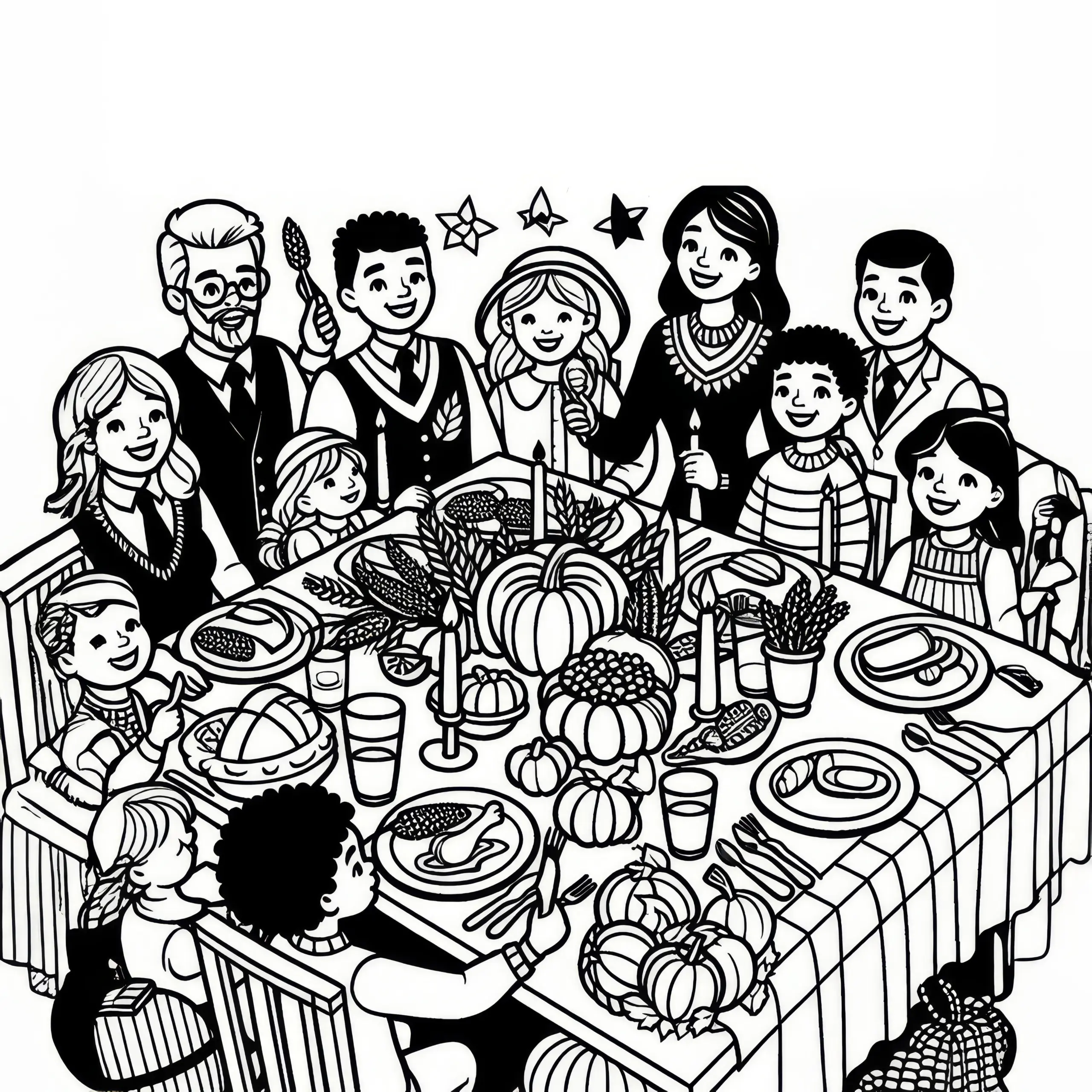 Familie beim Festessen mit Erntegaben zum Erntedankfest als Malvorlage (Kostenlos) (Ausmalbild)