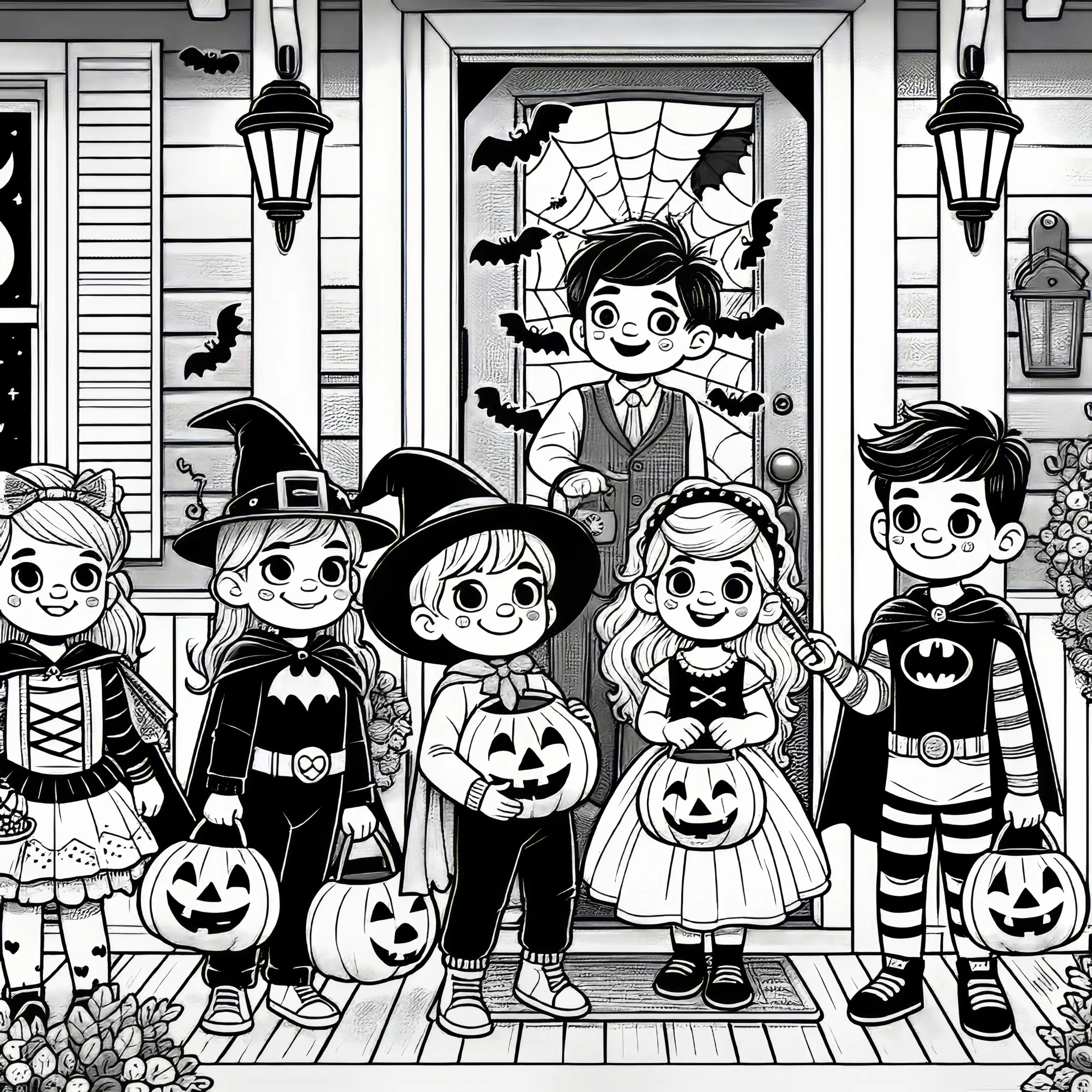 Familie vor Haus bei Halloween Party: Malvorlage kostenlos (Ausmalbild)