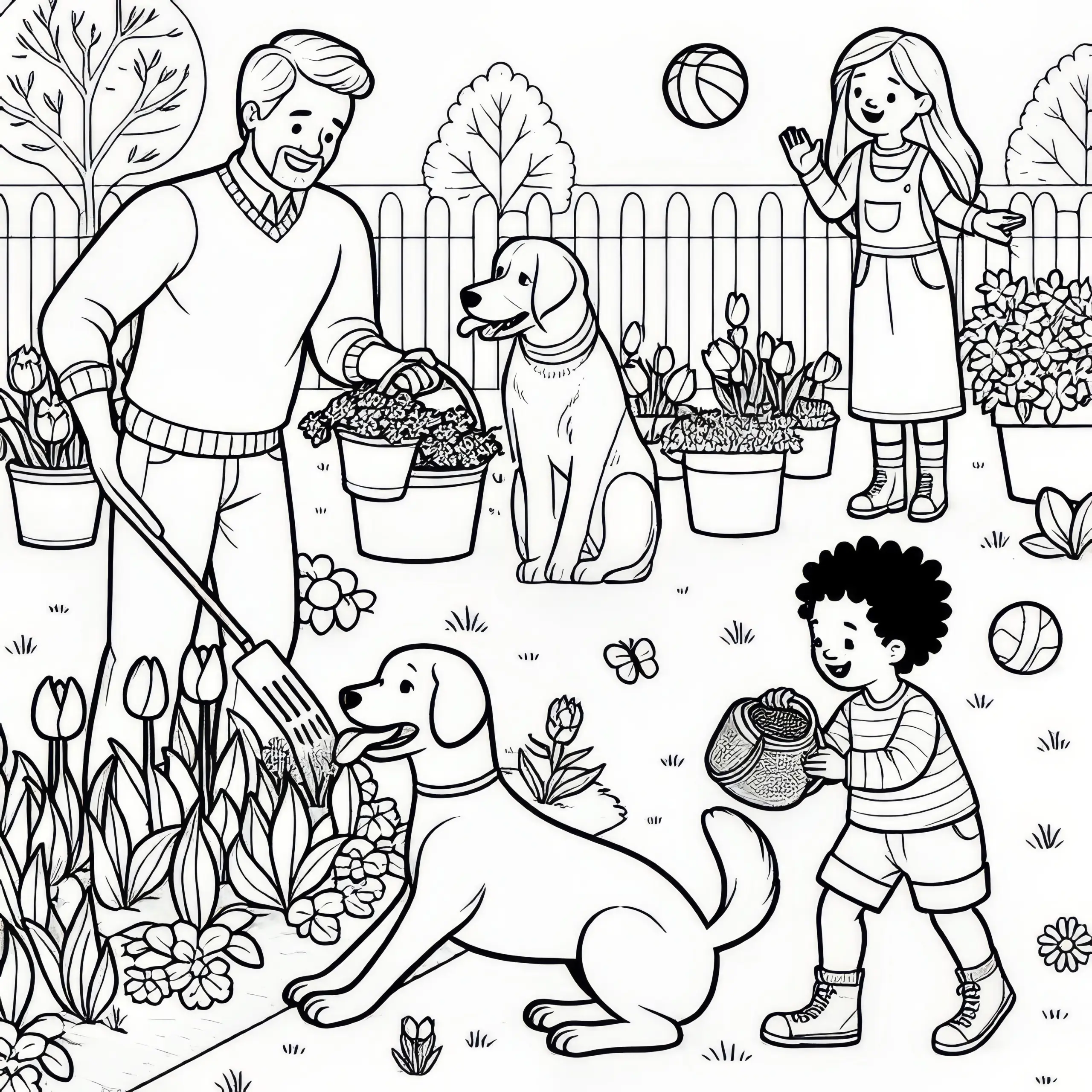 Familie im Garten im Frühling: kostenloses Ausmalbild