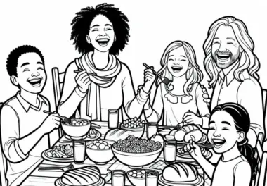 Familie isst gemeinsam am Tisch – Malvorlage kostenlos