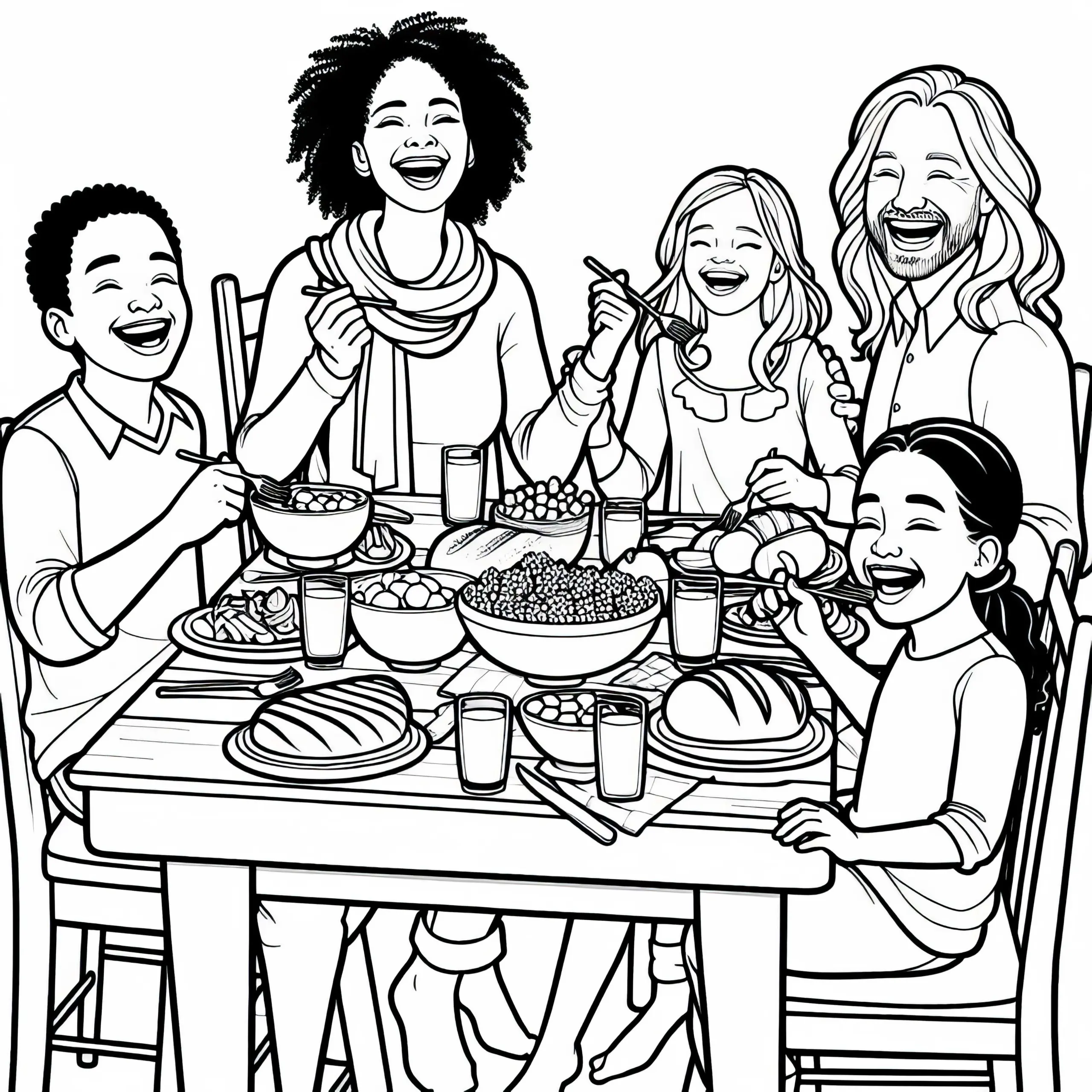 Familie isst gemeinsam am Tisch – Malvorlage kostenlos (Ausmalbild)