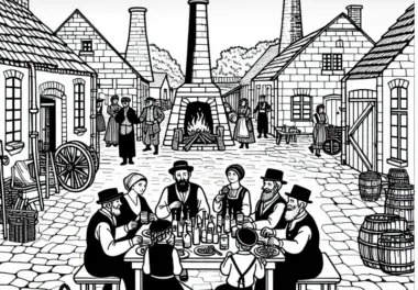Familie isst zusammen im Hof einer Arbeitersiedlung Ausmalbild Industrielle Revolution kostenlos