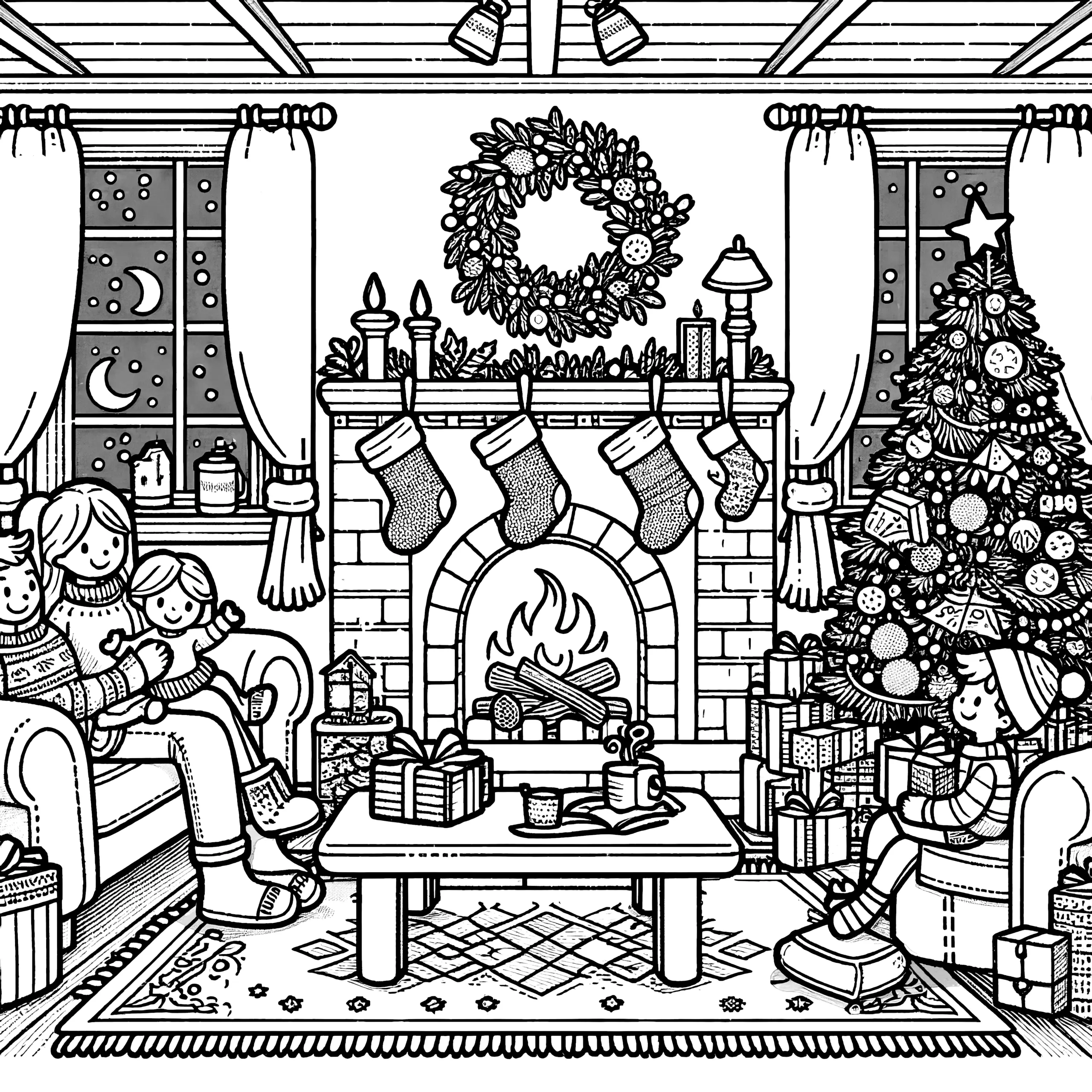Familie, Kamin, Tannenbaum & Weihnachtskranz (Ausmalbild)