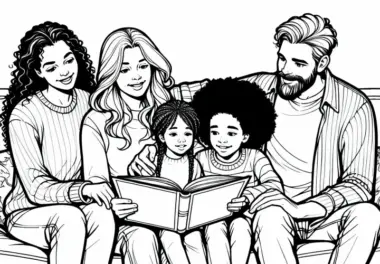 Familie liest gemeinsam ein Buch auf dem Sofa – Malvorlage kostenlos