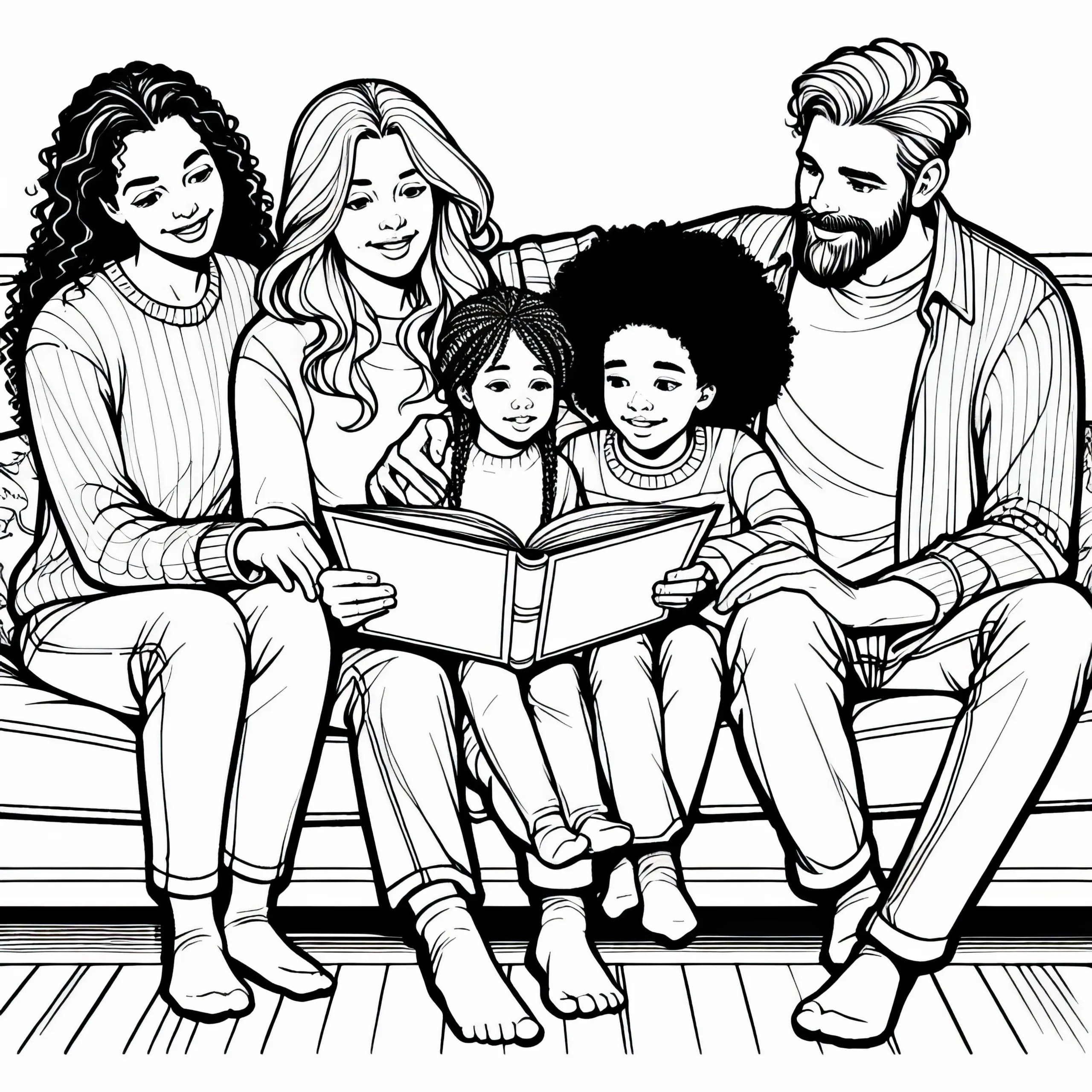 Familie liest gemeinsam ein Buch auf dem Sofa – Malvorlage kostenlos (Ausmalbild)