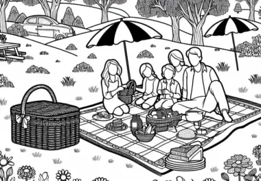 Familie macht Picknick im Park mit Decke und Körbchen – Malvorlage Gratis