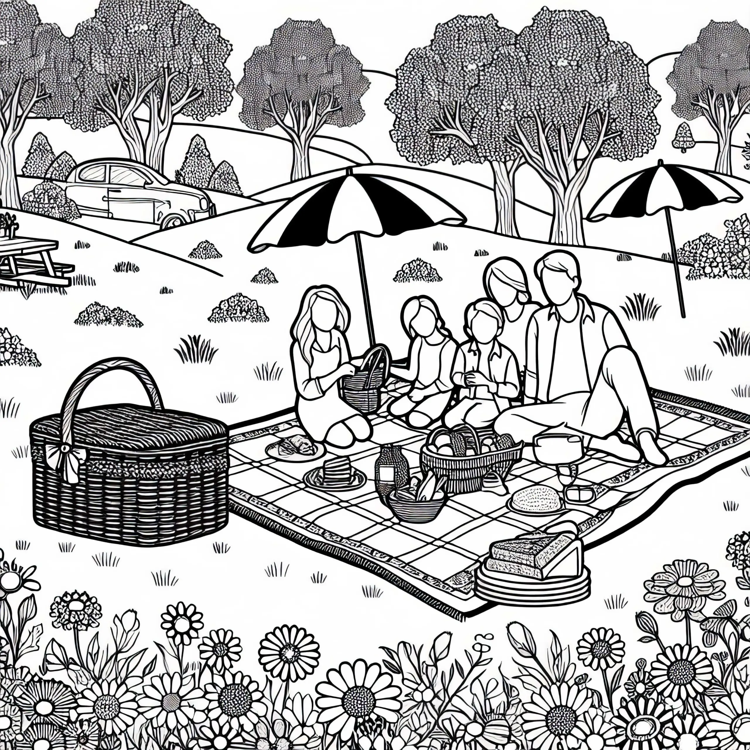 Familie macht Picknick im Park mit Decke und Körbchen – Malvorlage Gratis (Ausmalbild)